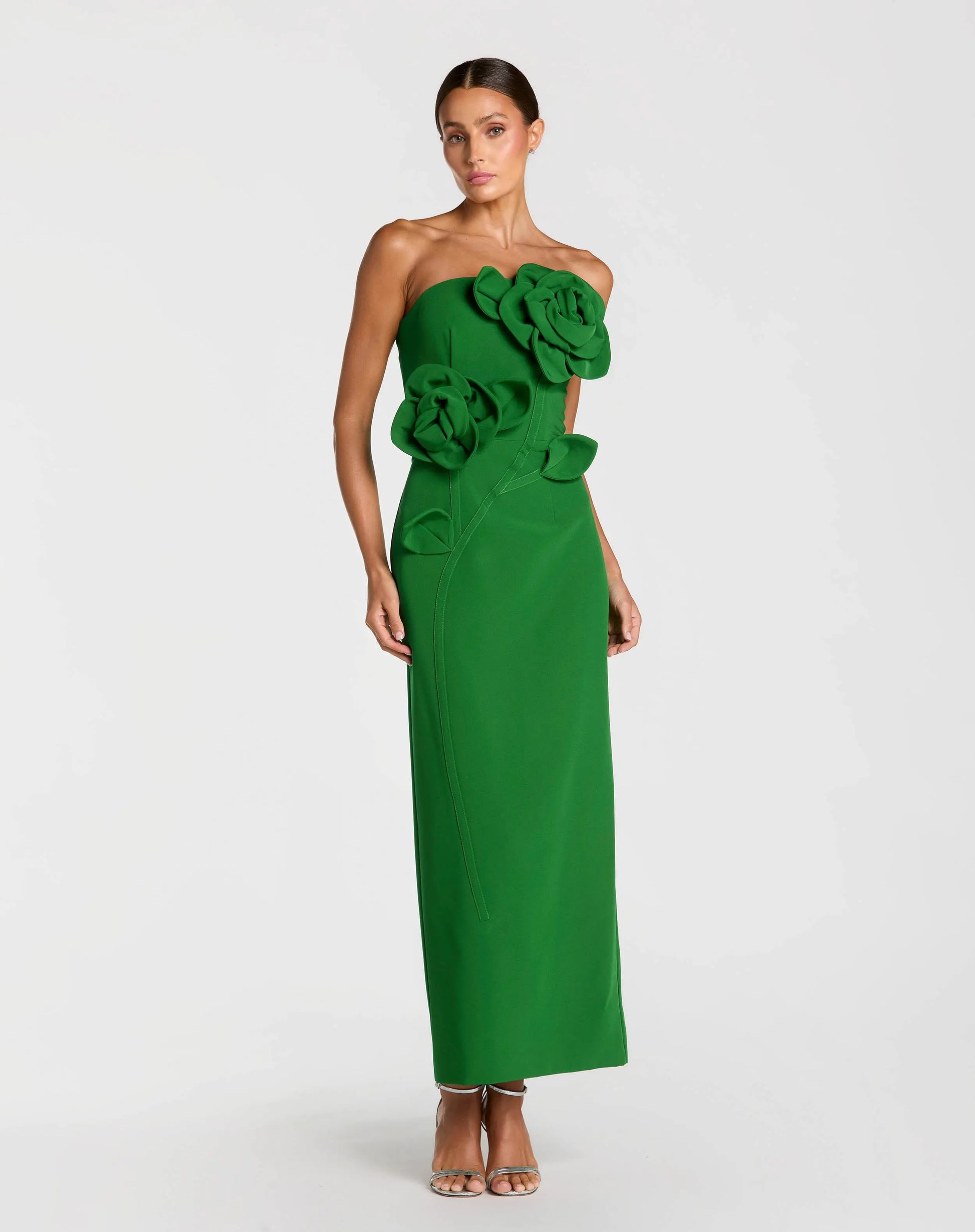 Petite Green Strapless Crepe Dress With 3D Flower Detail Petite Green Strapless Crepe Dress With 3D Flower Detail