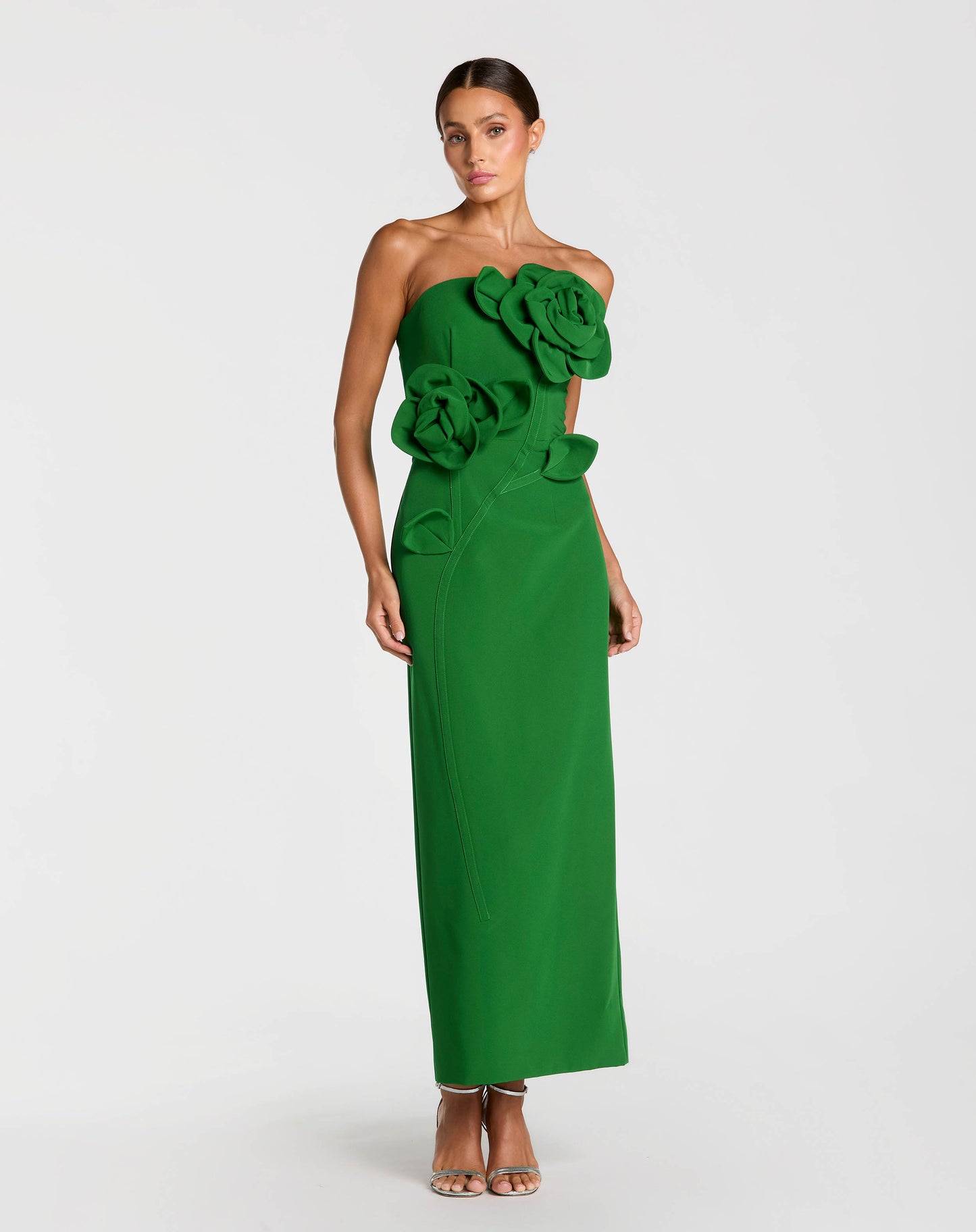 Petite Green Strapless Crepe Dress With 3D Flower Detail - Ieena for Mac Duggal