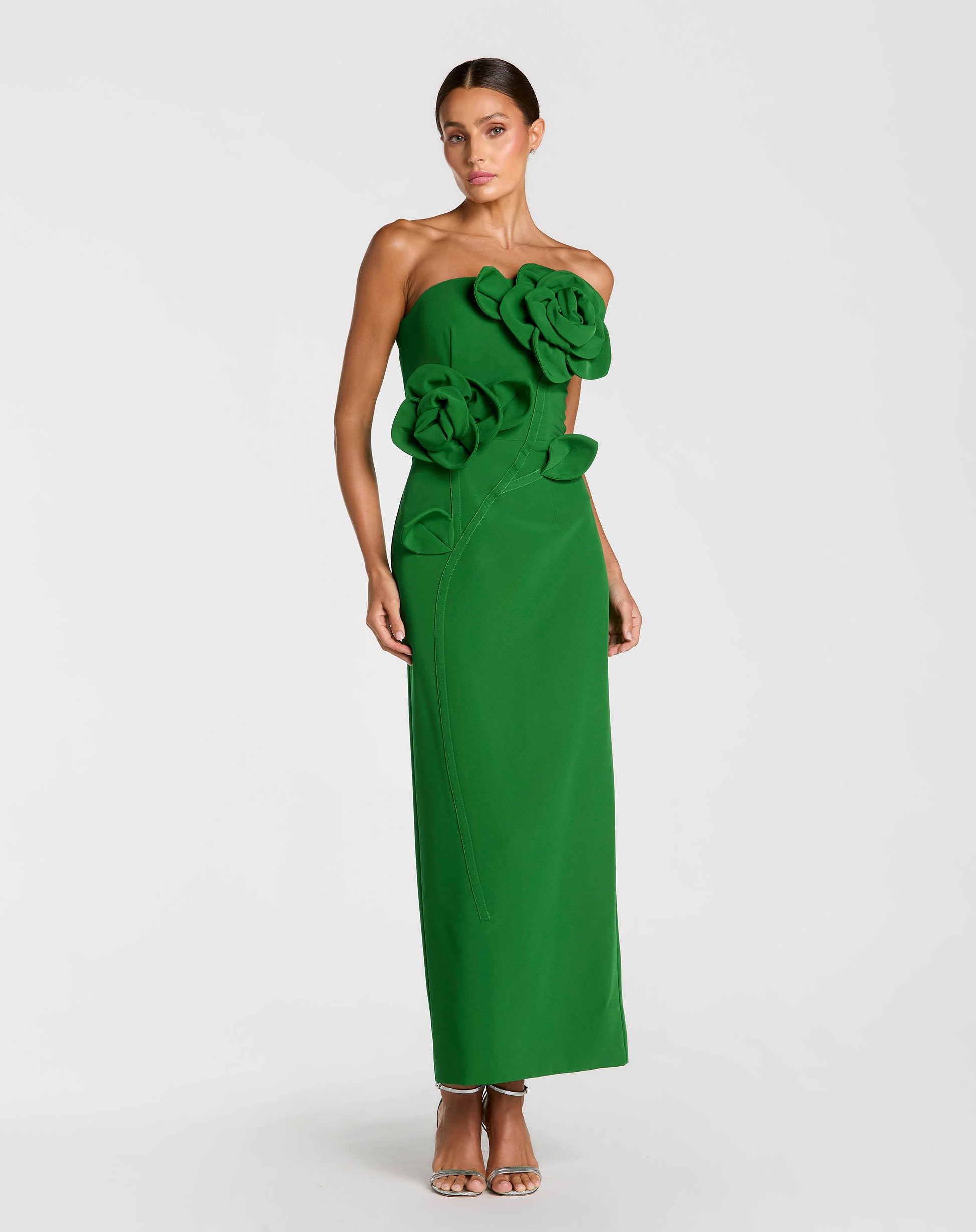 Petite Green Strapless Crepe Dress With 3D Flower Detail - Ieena for Mac Duggal