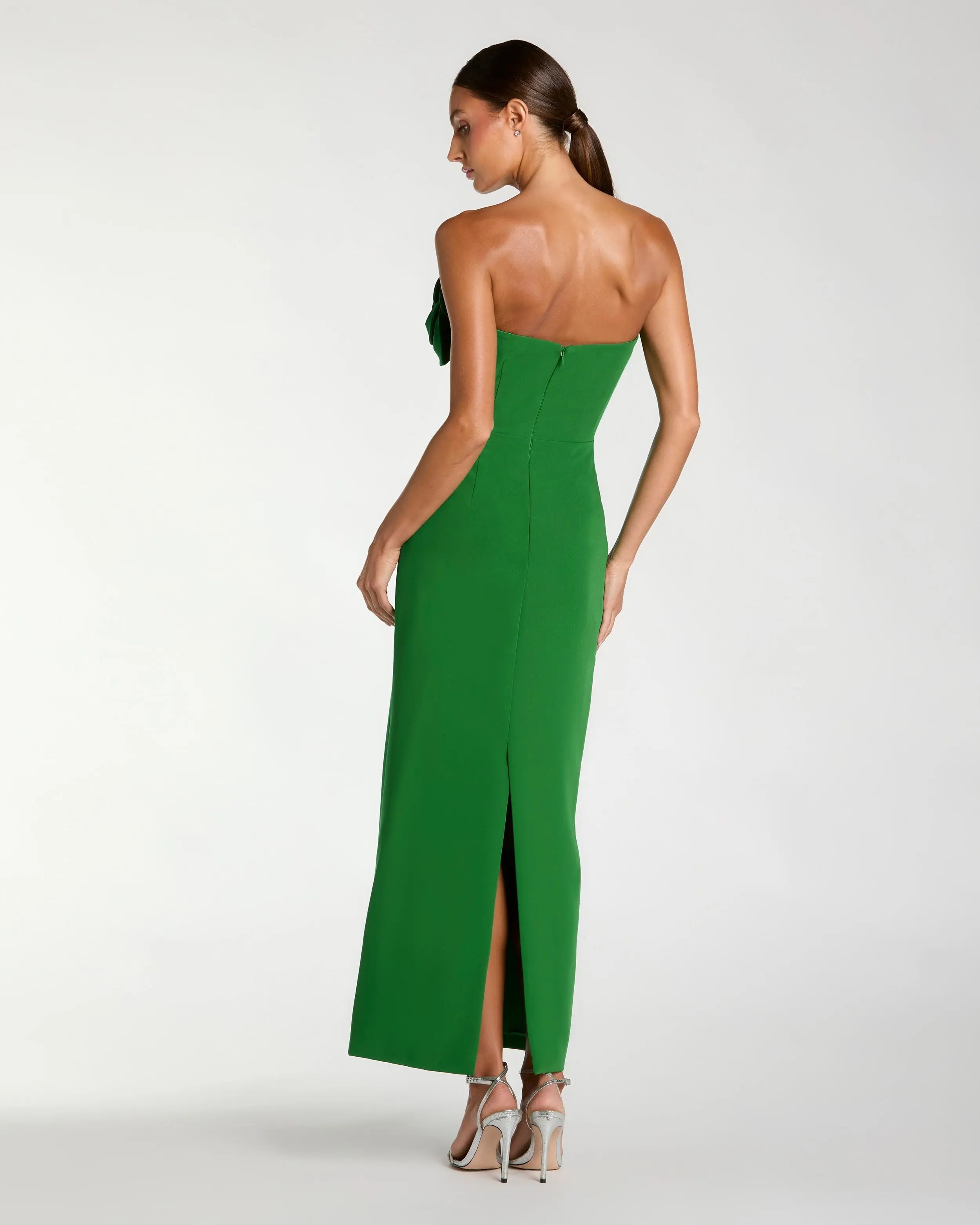 strapless green dress Petite Green Strapless Crepe Dress With 3D Flower Detail