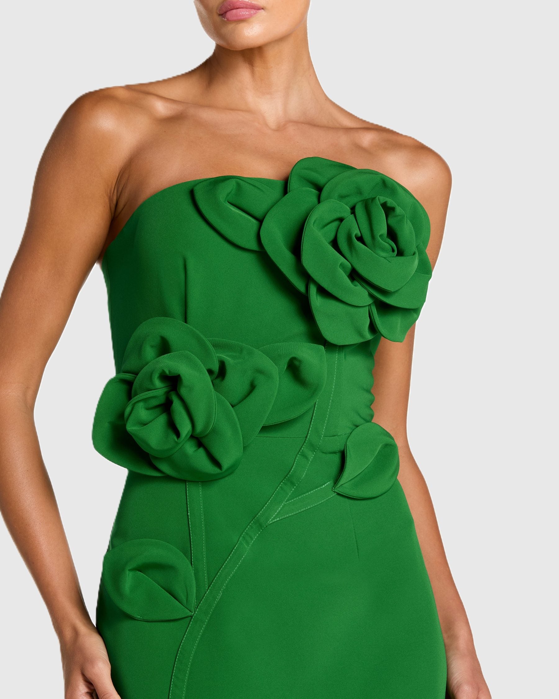 Petite Green Strapless Crepe Dress With 3D Flower Detail - Ieena for Mac Duggal