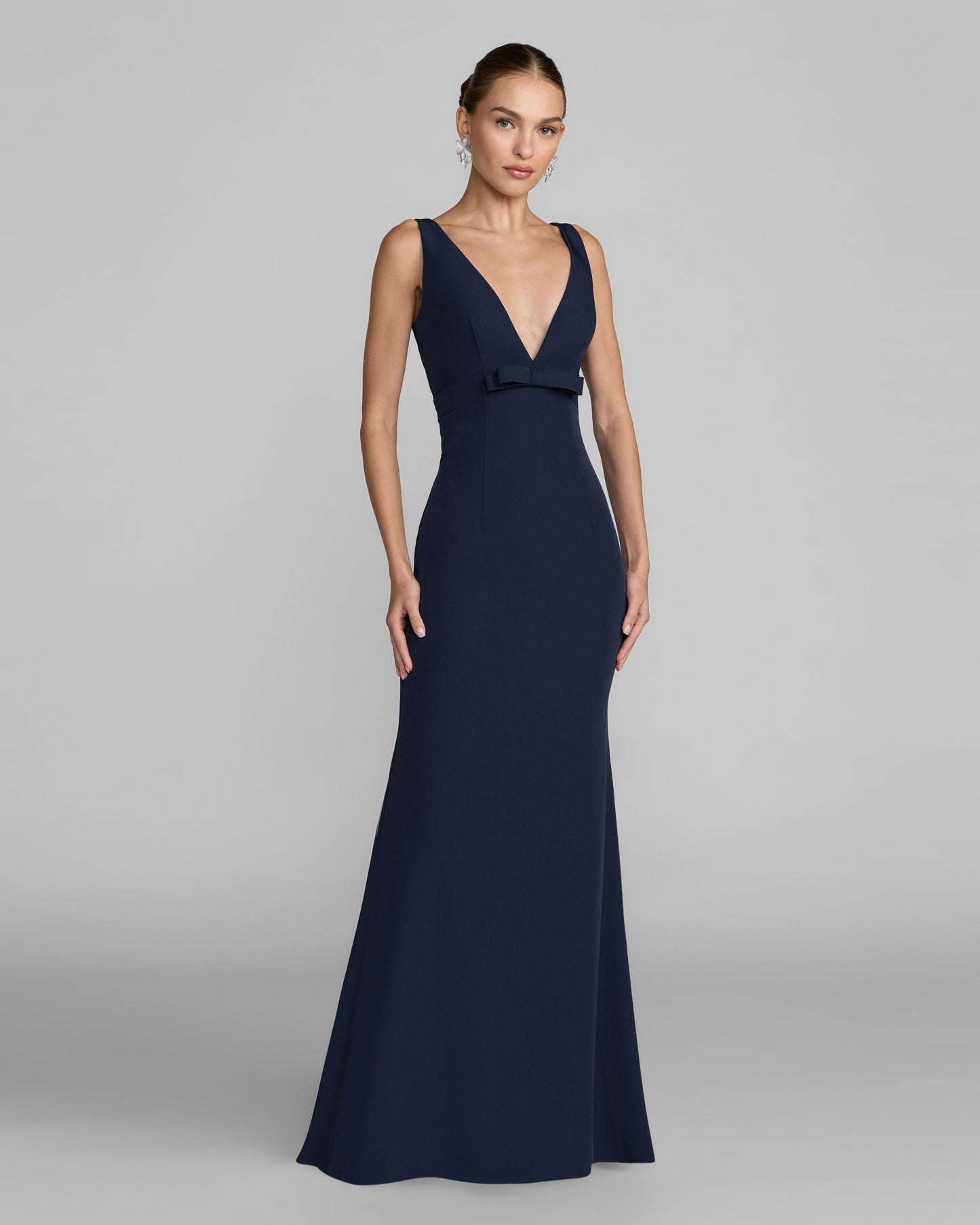 Petite Navy Sleeveless V Neck Mermaid Gown With Bow Mac Duggal