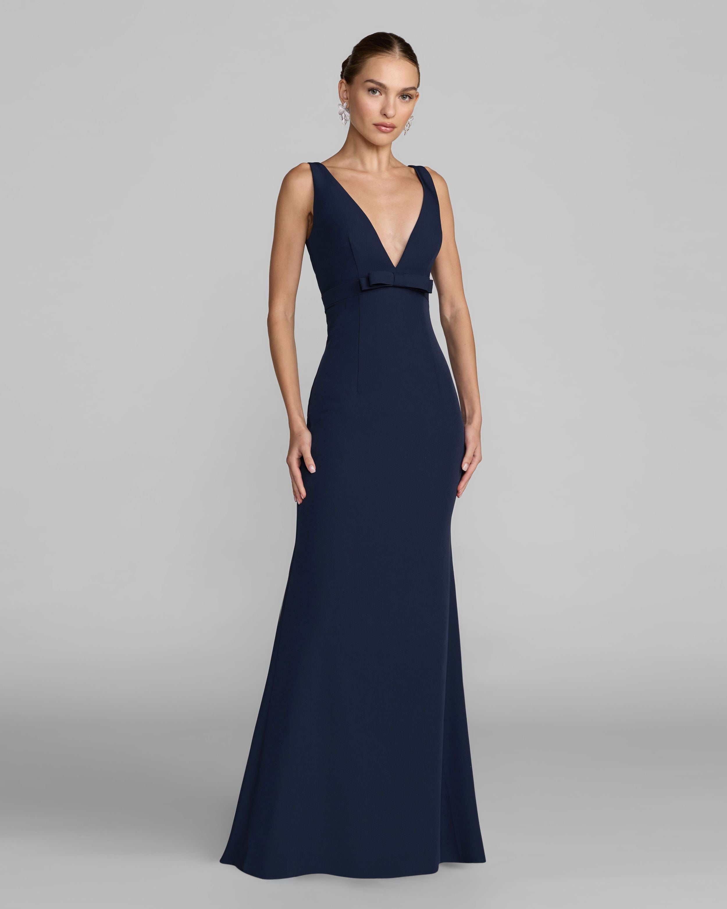 Petite Navy Sleeveless V Neck Mermaid Gown With Bow Mac Duggal