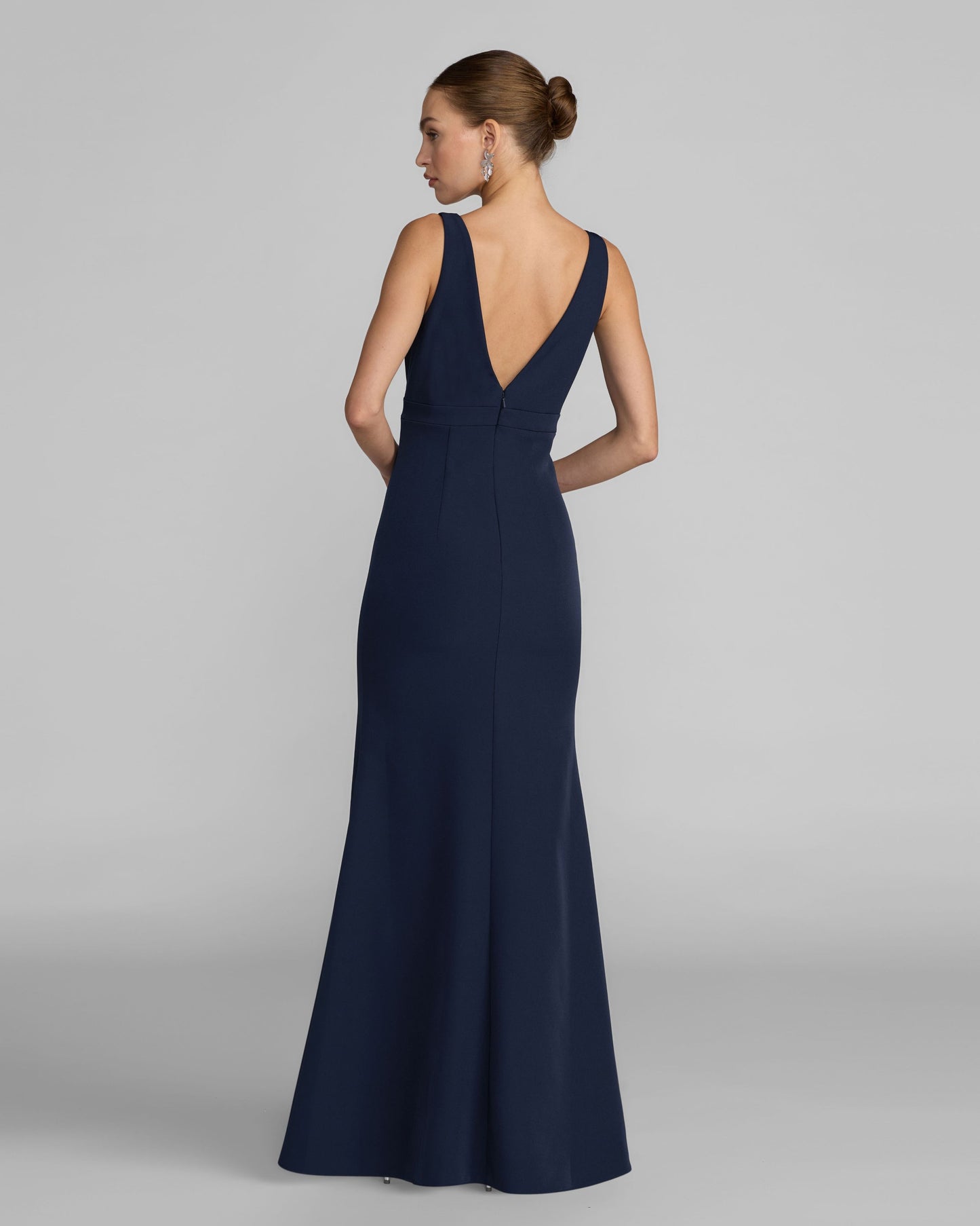 Petite Navy Sleeveless V Neck Mermaid Gown With Bow Mac Duggal