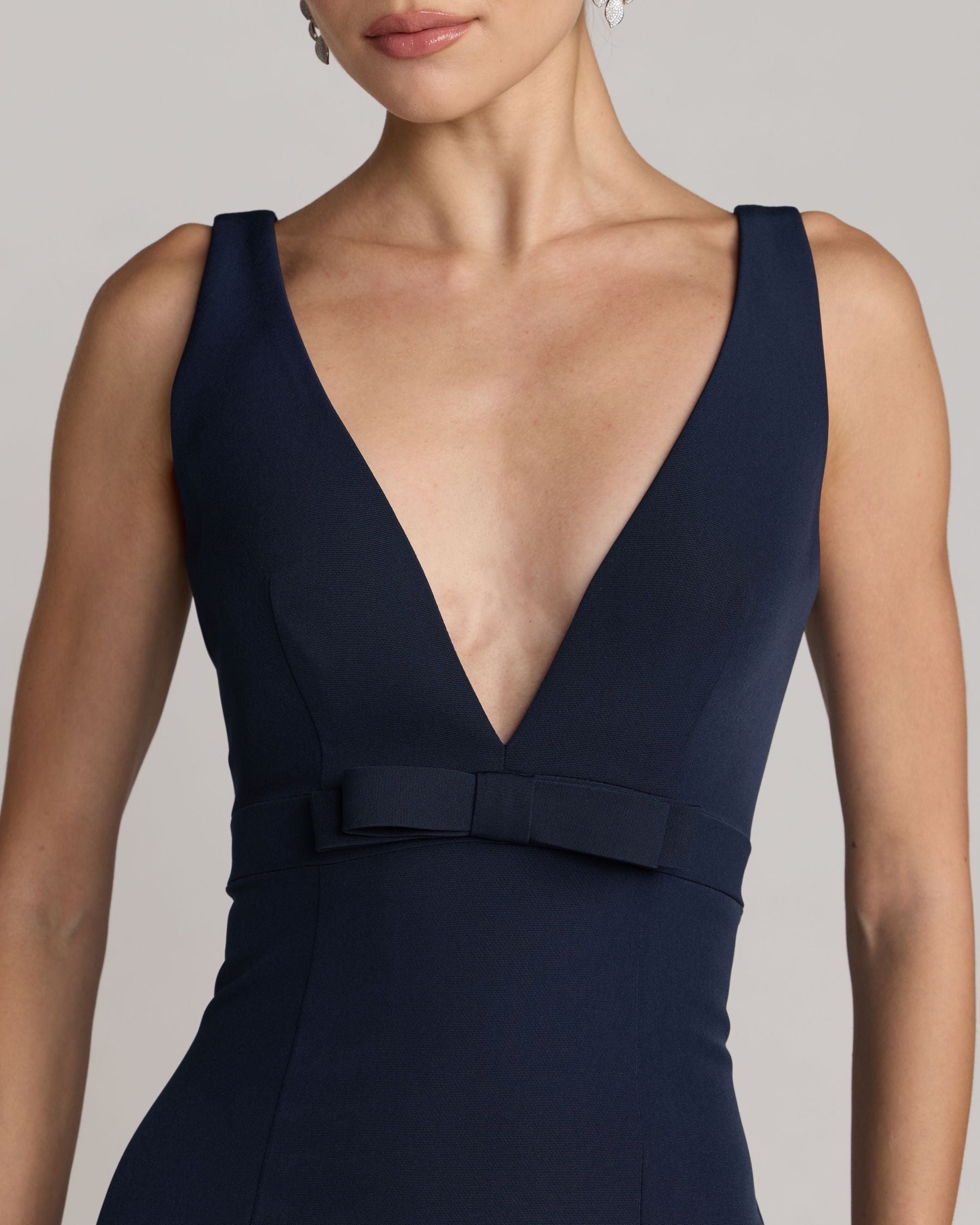 Petite Navy Sleeveless V Neck Mermaid Gown With Bow Mac Duggal