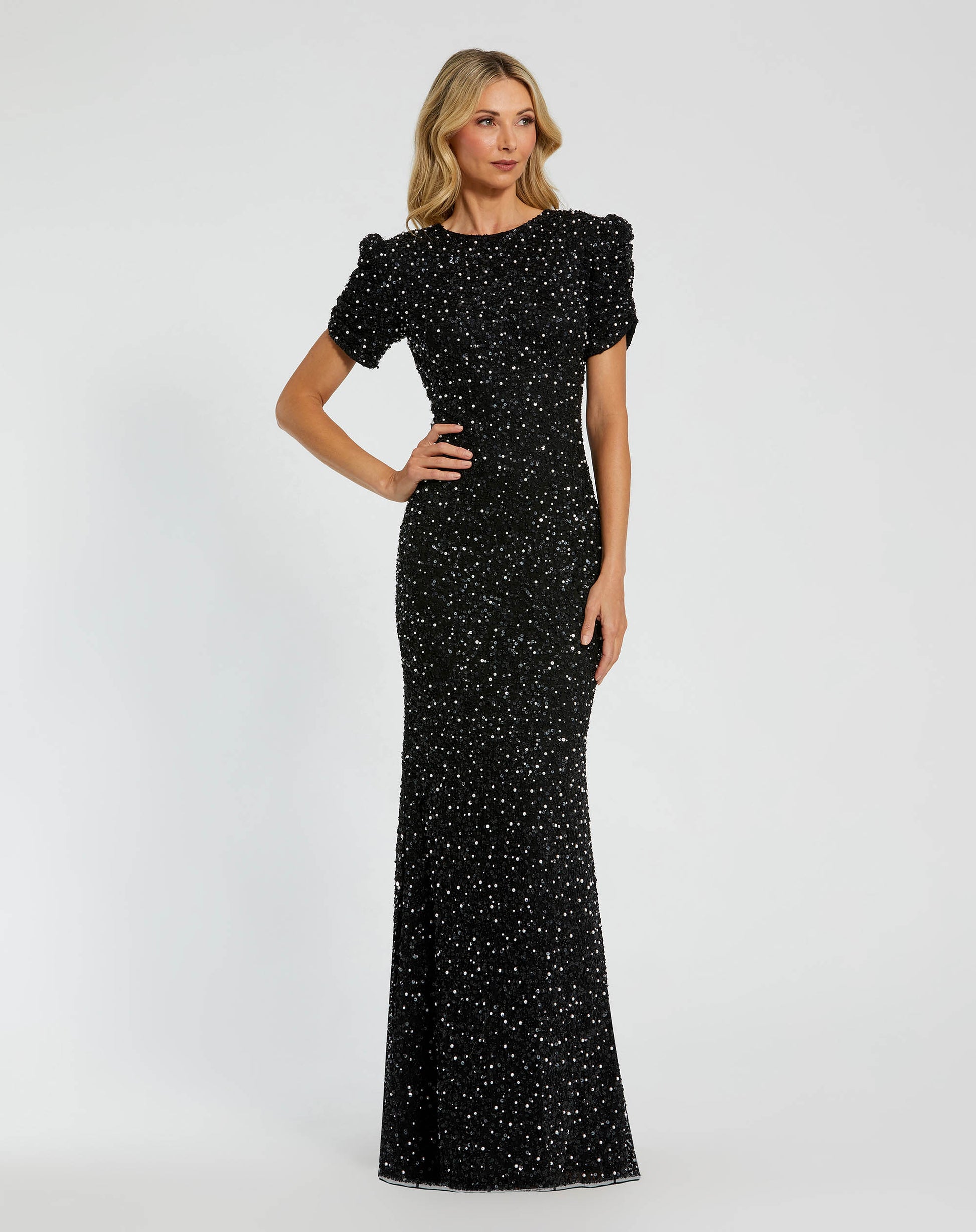 Petite Black Gathered Short Sleeve Embellished Gown - Mac Duggal