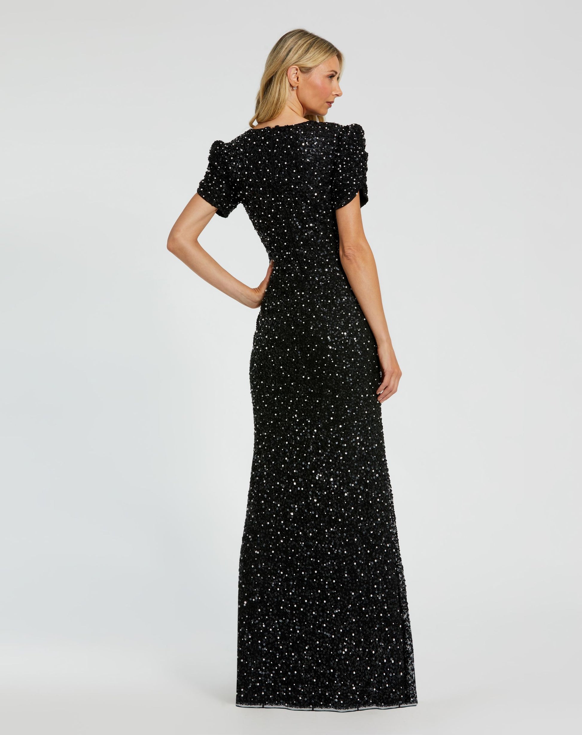 Petite Black Gathered Short Sleeve Embellished Gown - Mac Duggal