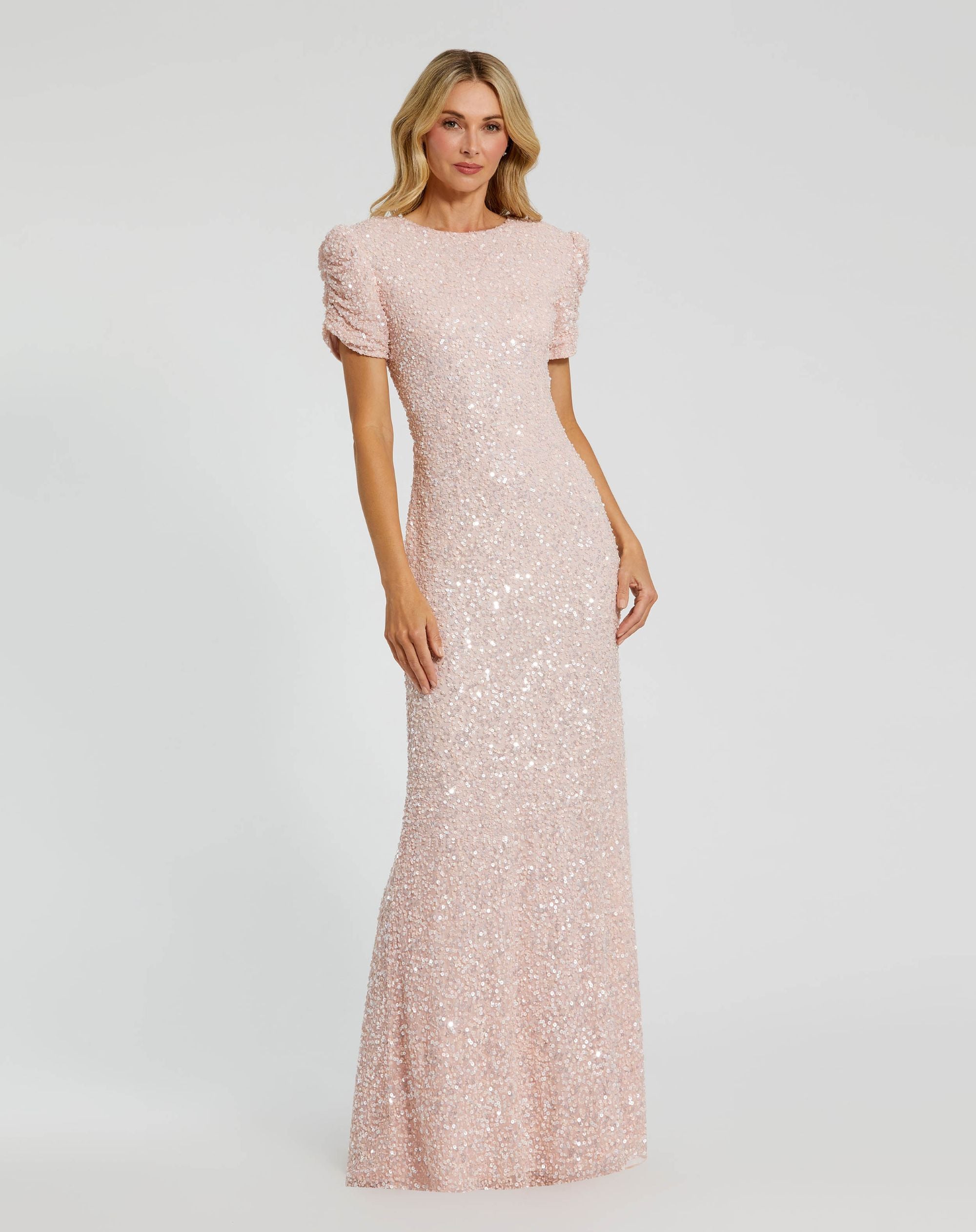 Petite Pink Gathered Short Sleeve Embellished Gown - Mac Duggal