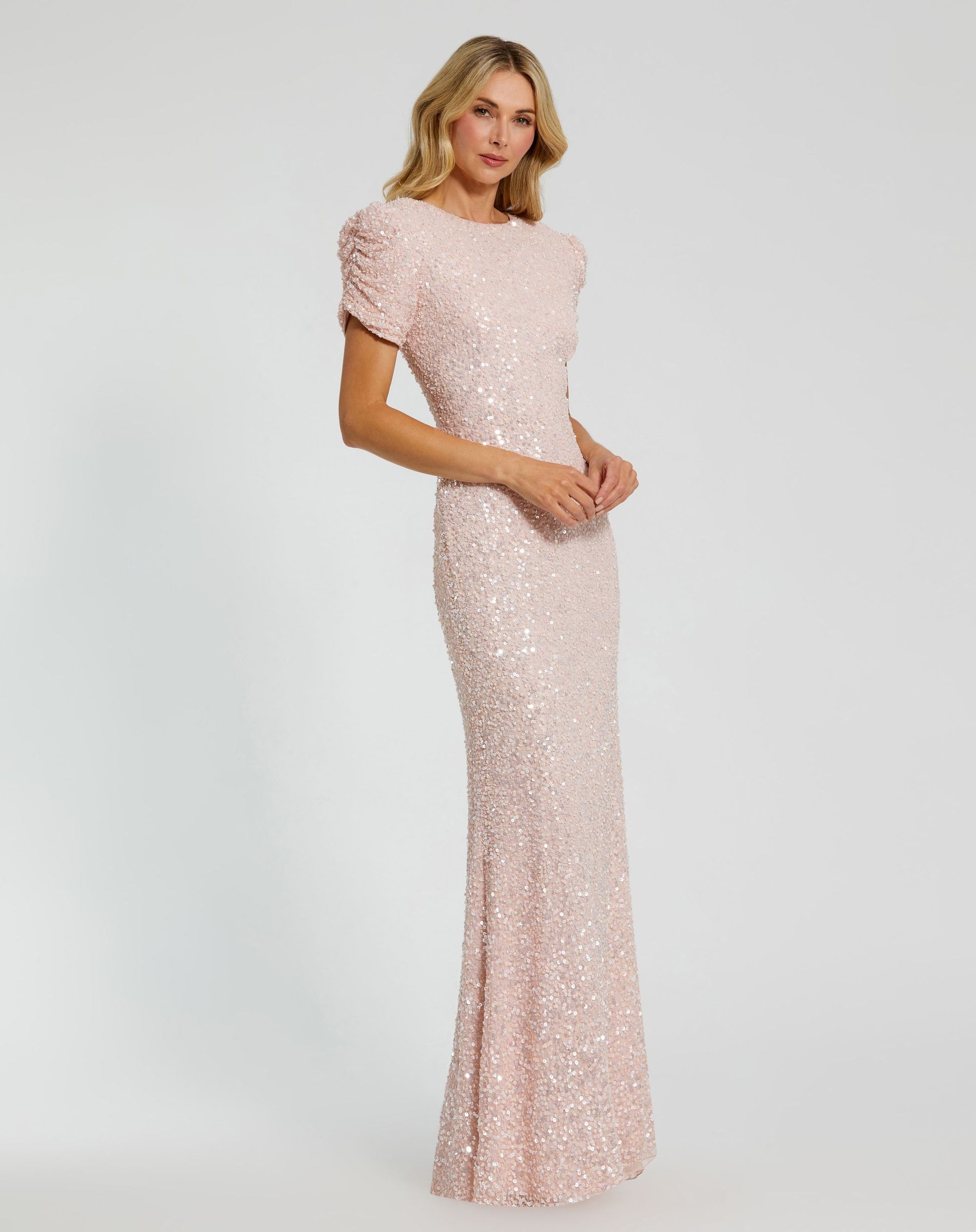 Petite Pink Gathered Short Sleeve Embellished Gown - Mac Duggal