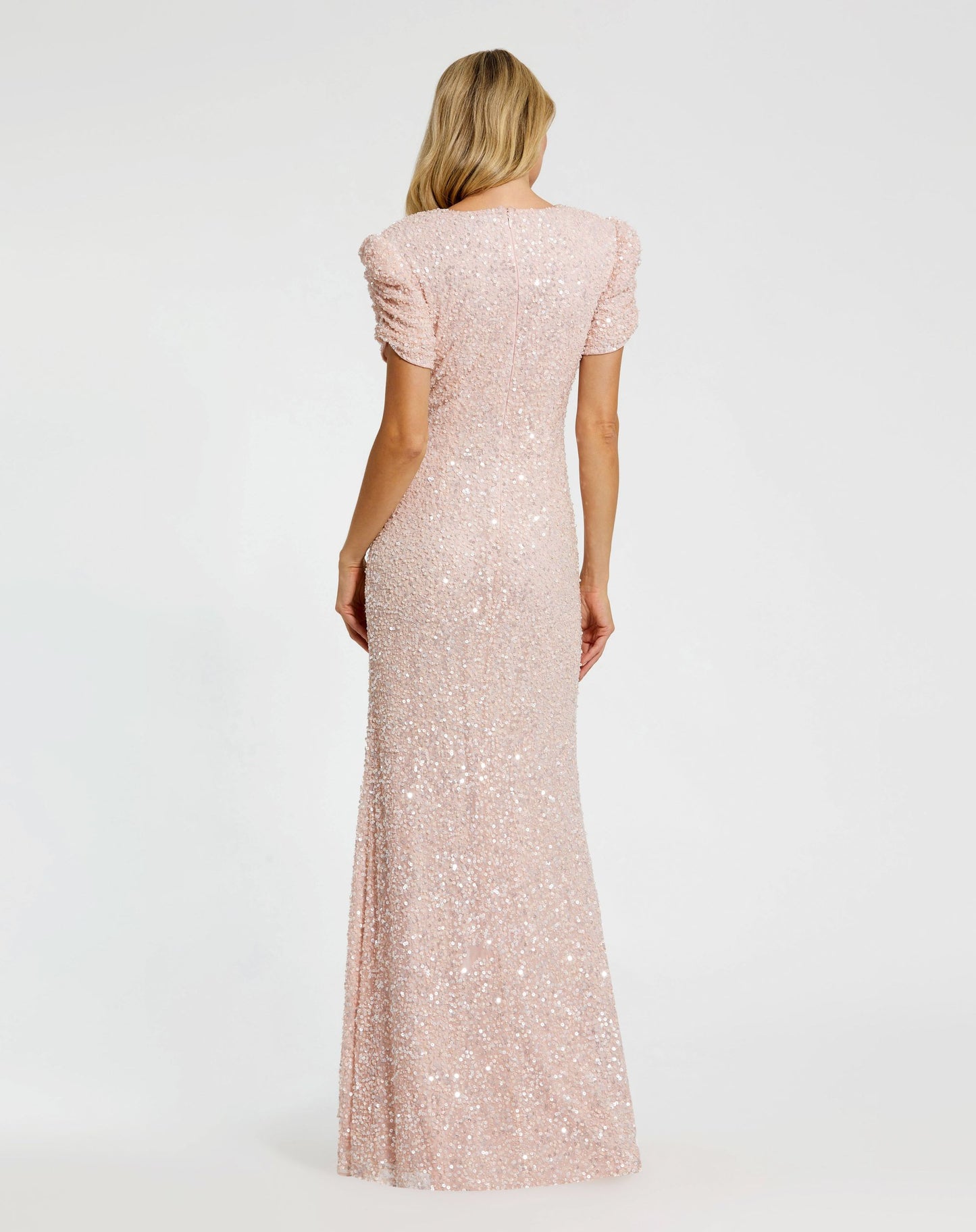 Pink Gathered Short Sleeve Embellished Gown - Mac Duggal