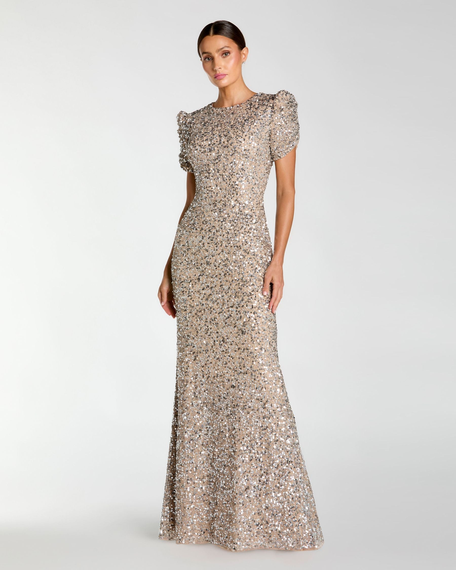 Petite Beige Sequin Trumpet Gown with Puff Sleeves Mac Duggal