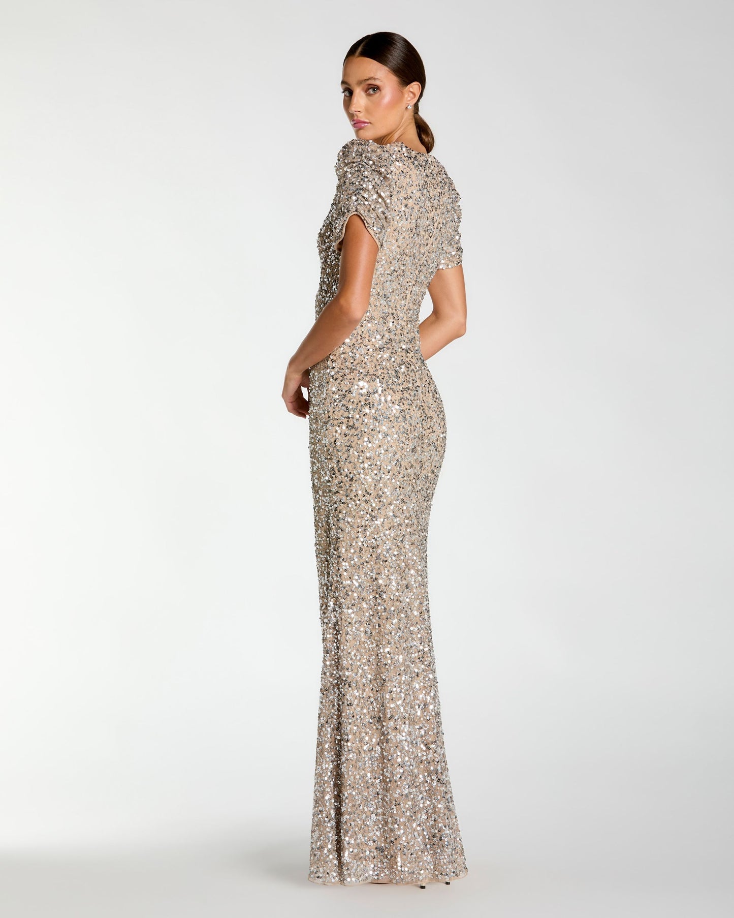 Petite Beige Sequin Trumpet Gown with Puff Sleeves Mac Duggal