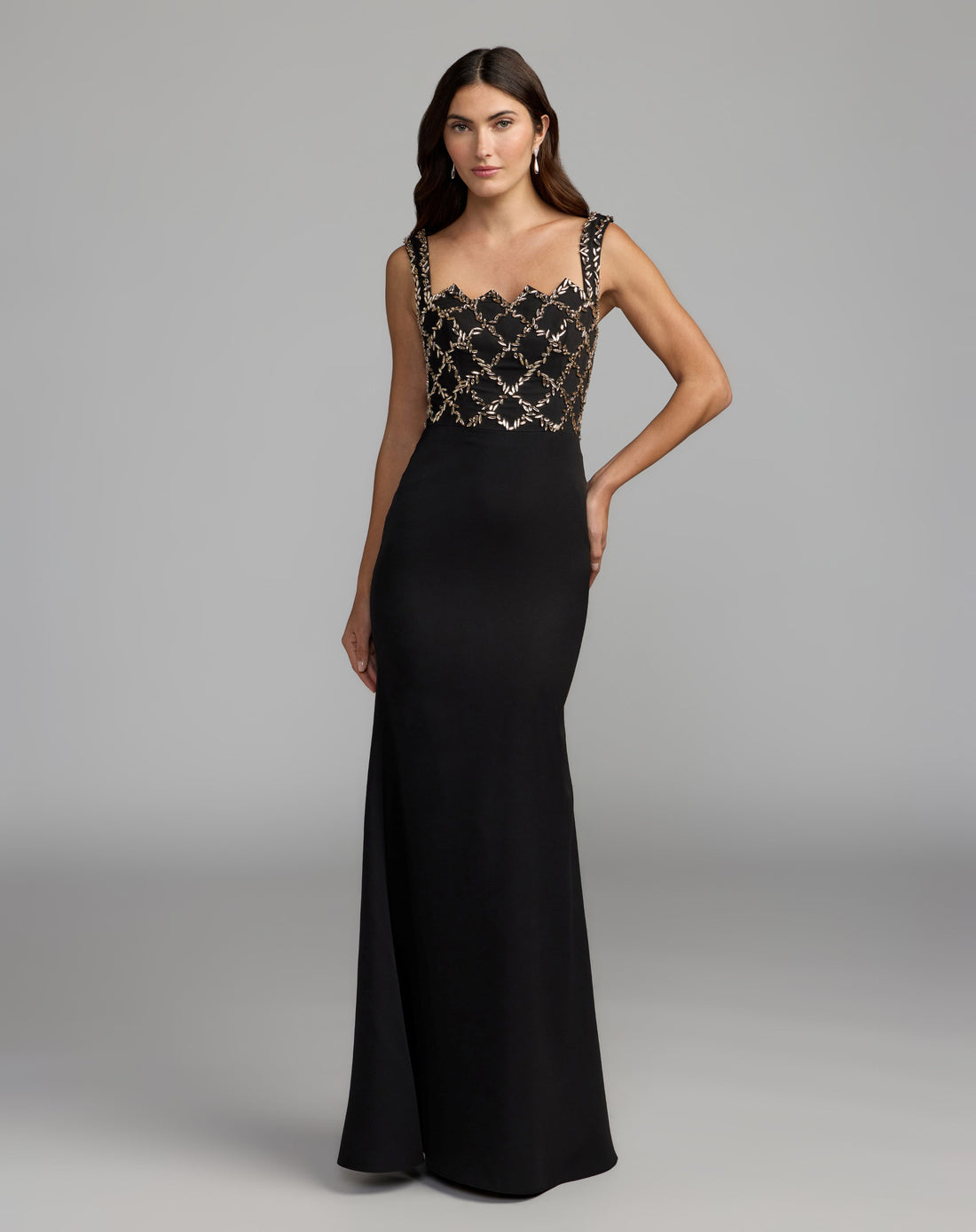 Petite Black Embellished Square Neck Column Gown - Ieena for Mac Duggal