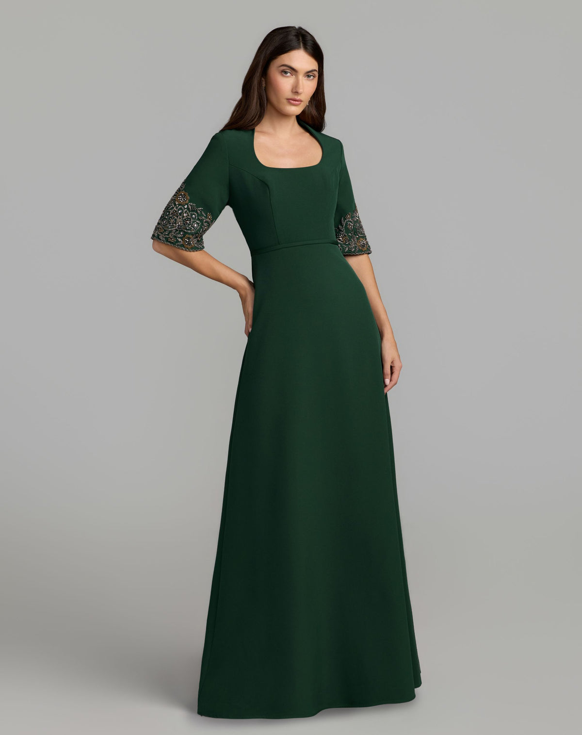 Petite Deep Green Scoop Neck Beaded Cuff Crepe Gown - Mac Duggal