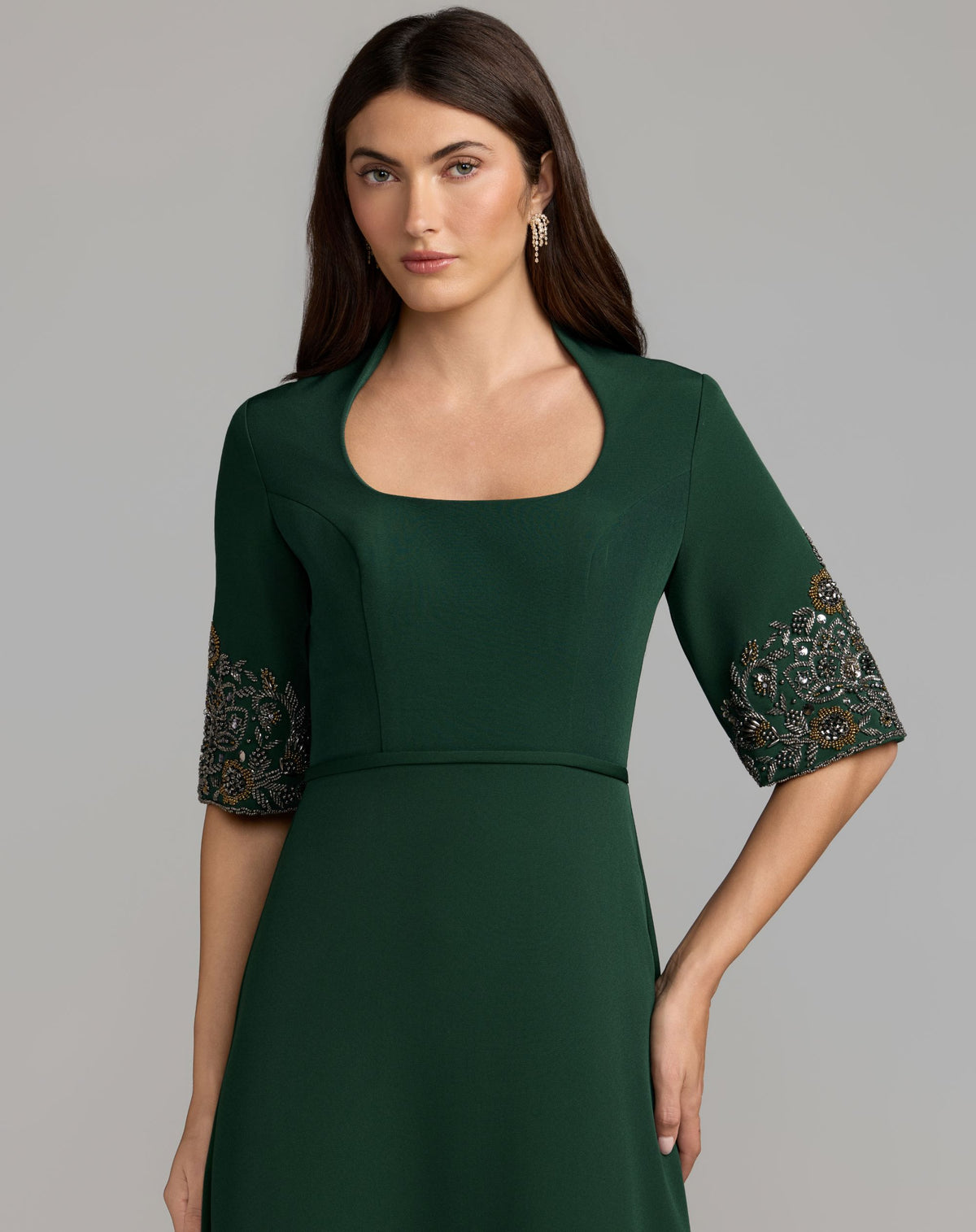 Petite Deep Green Scoop Neck Beaded Cuff Crepe Gown - Mac Duggal