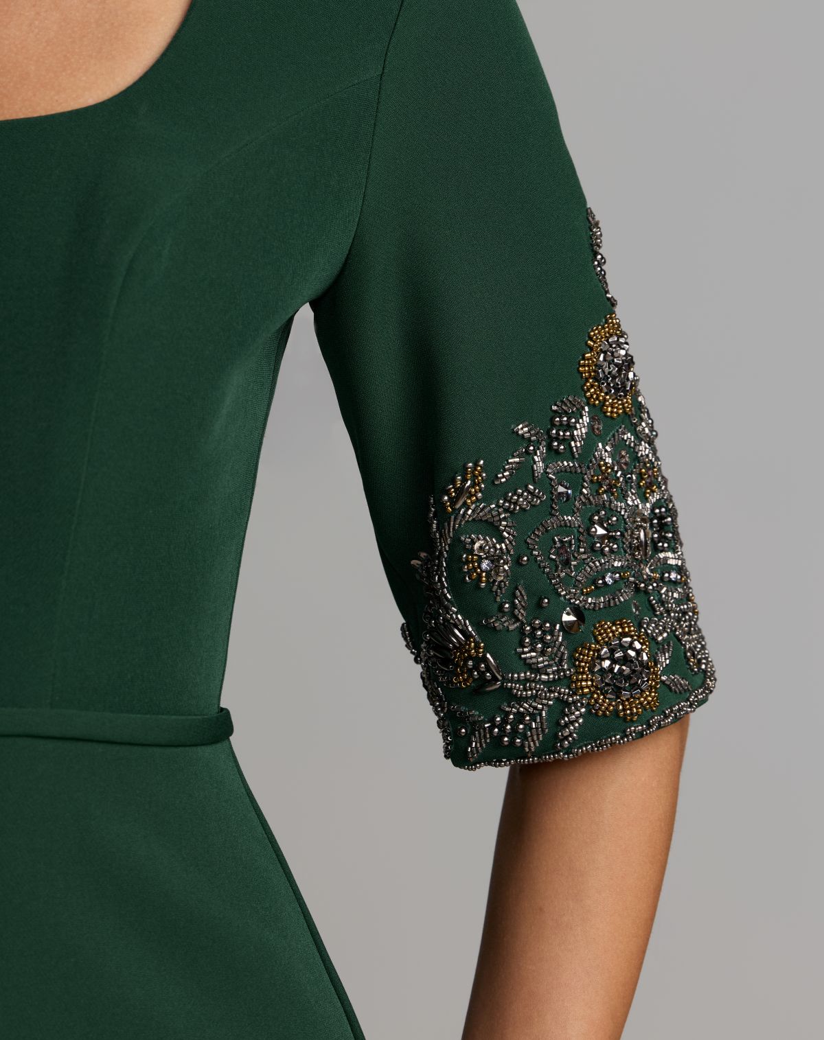 Petite Deep Green Scoop Neck Beaded Cuff Crepe Gown - Mac Duggal