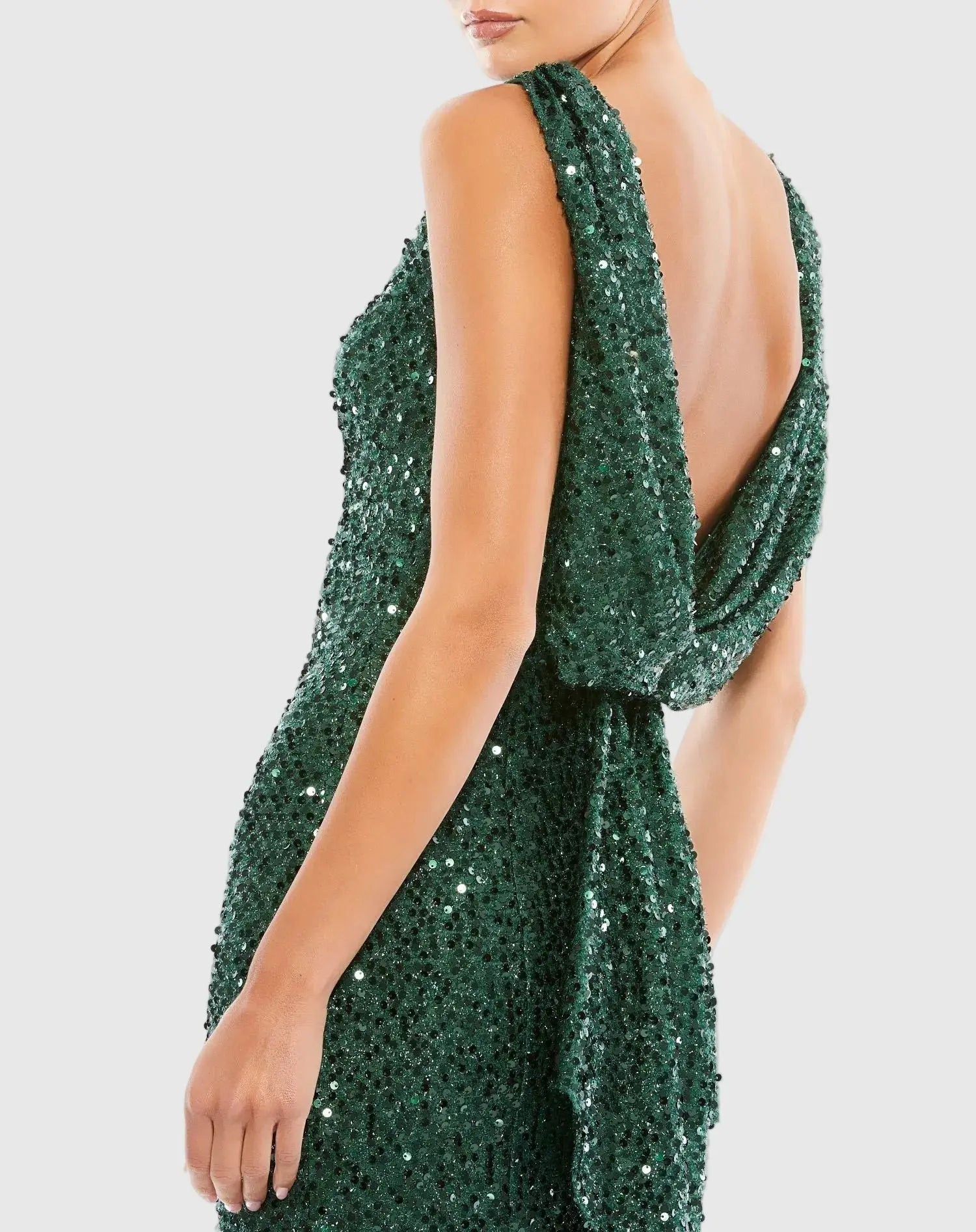 Petite Green Cowl Back Boat Neck Sequined Evening Gown - Mac Duggal