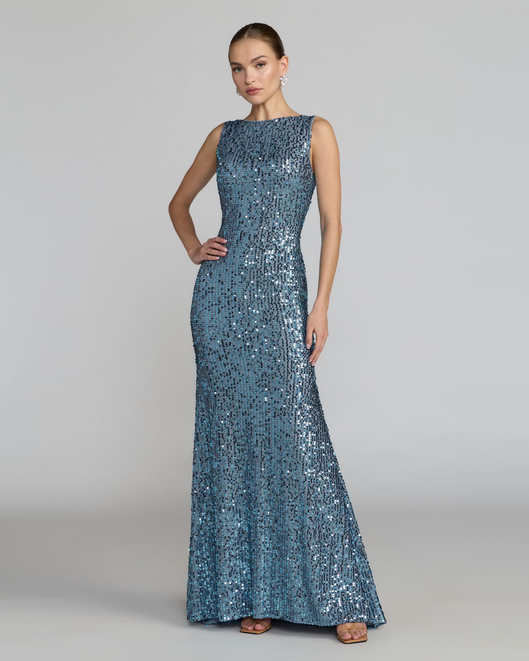 Petite Blue Cowl Back Boat Neck Sequined Evening Gown
