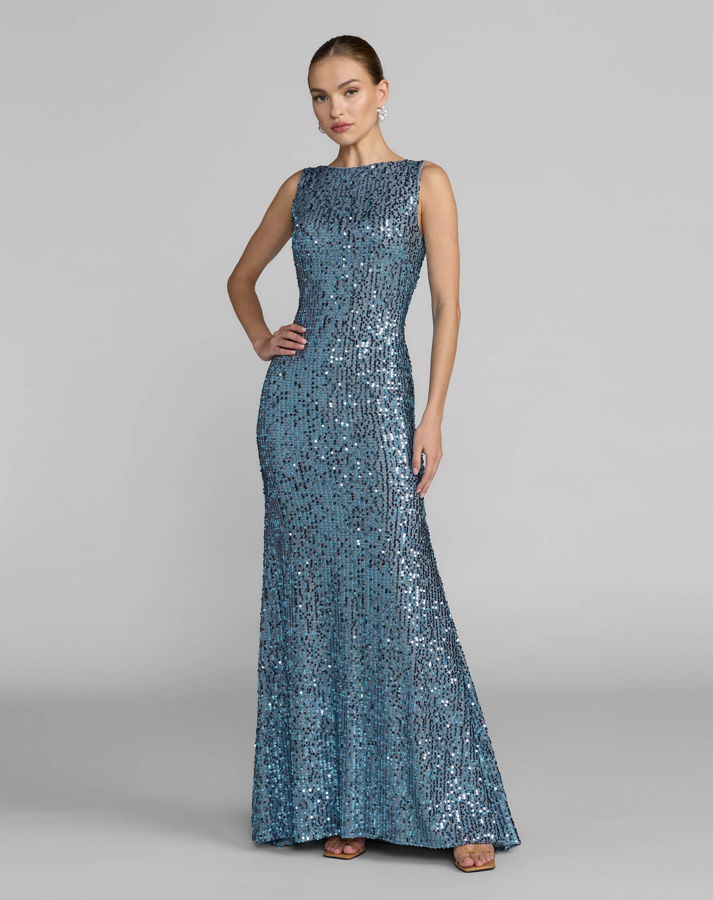 Petite Blue Cowl Back Boat Neck Sequined Evening Gown Ieena for Mac Duggal