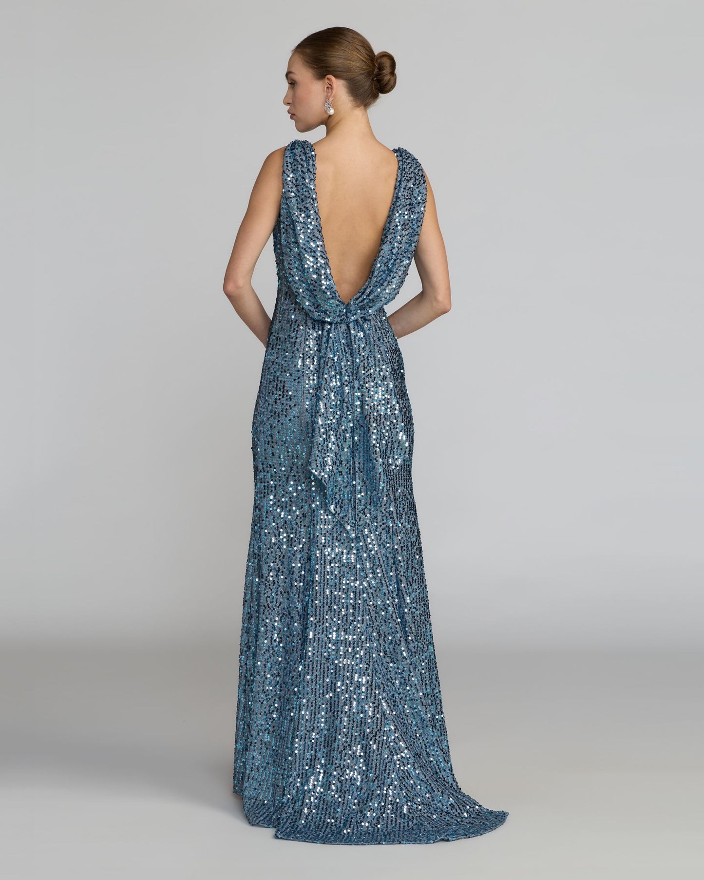 Petite Blue Cowl Back Boat Neck Sequined Evening Gown Ieena for Mac Duggal