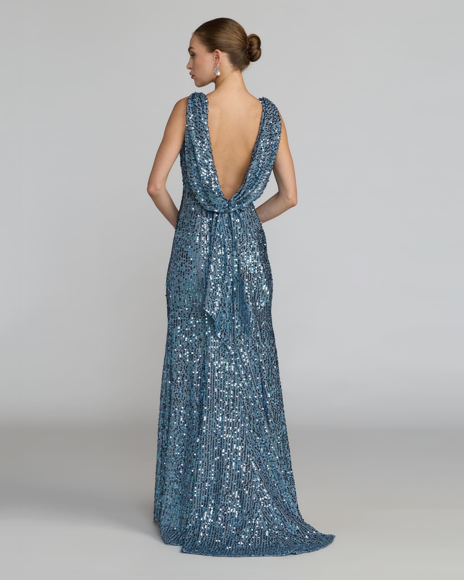 Petite Blue Cowl Back Boat Neck Sequined Evening Gown Ieena for Mac Duggal