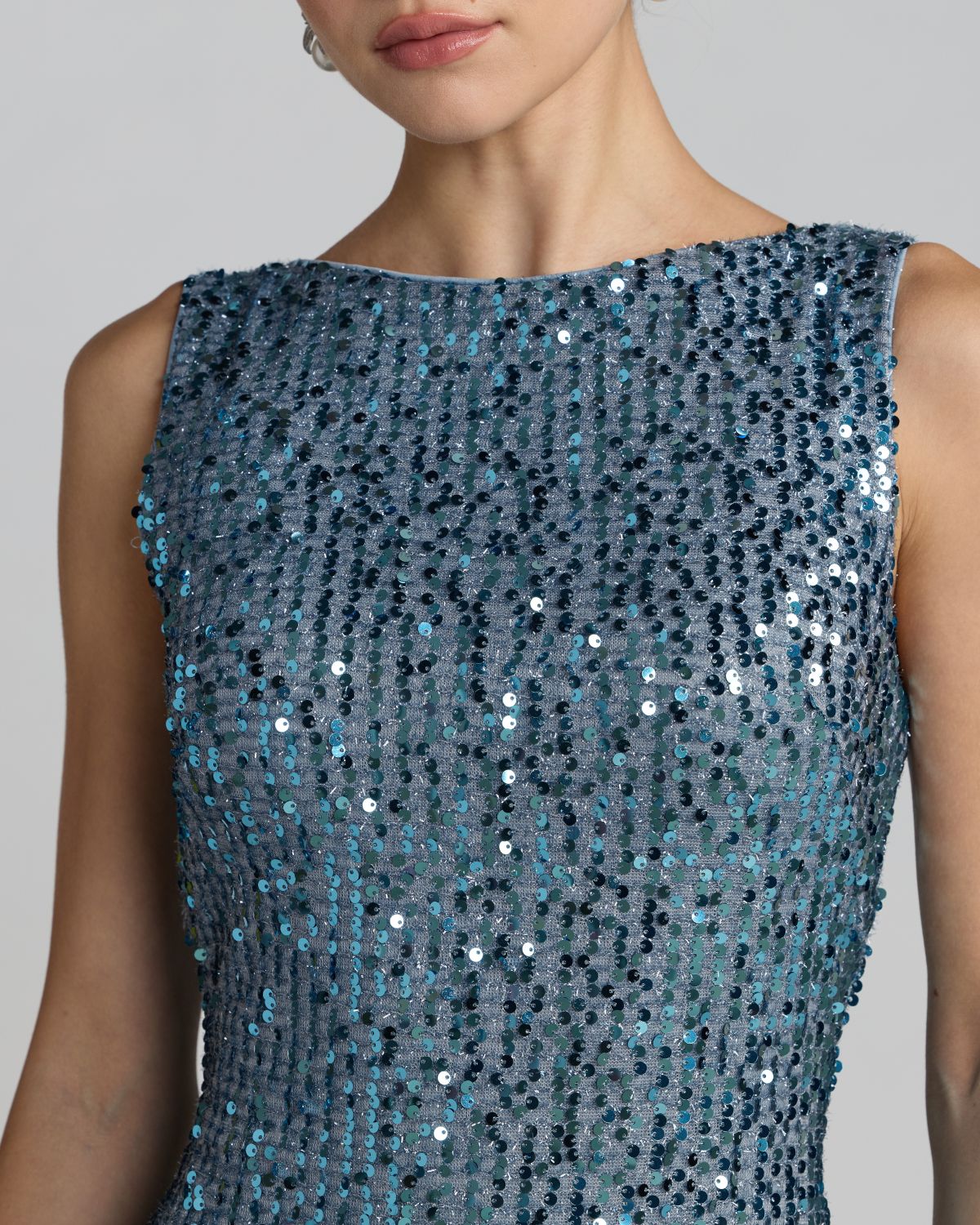 Petite Blue Cowl Back Boat Neck Sequined Evening Gown Ieena for Mac Duggal