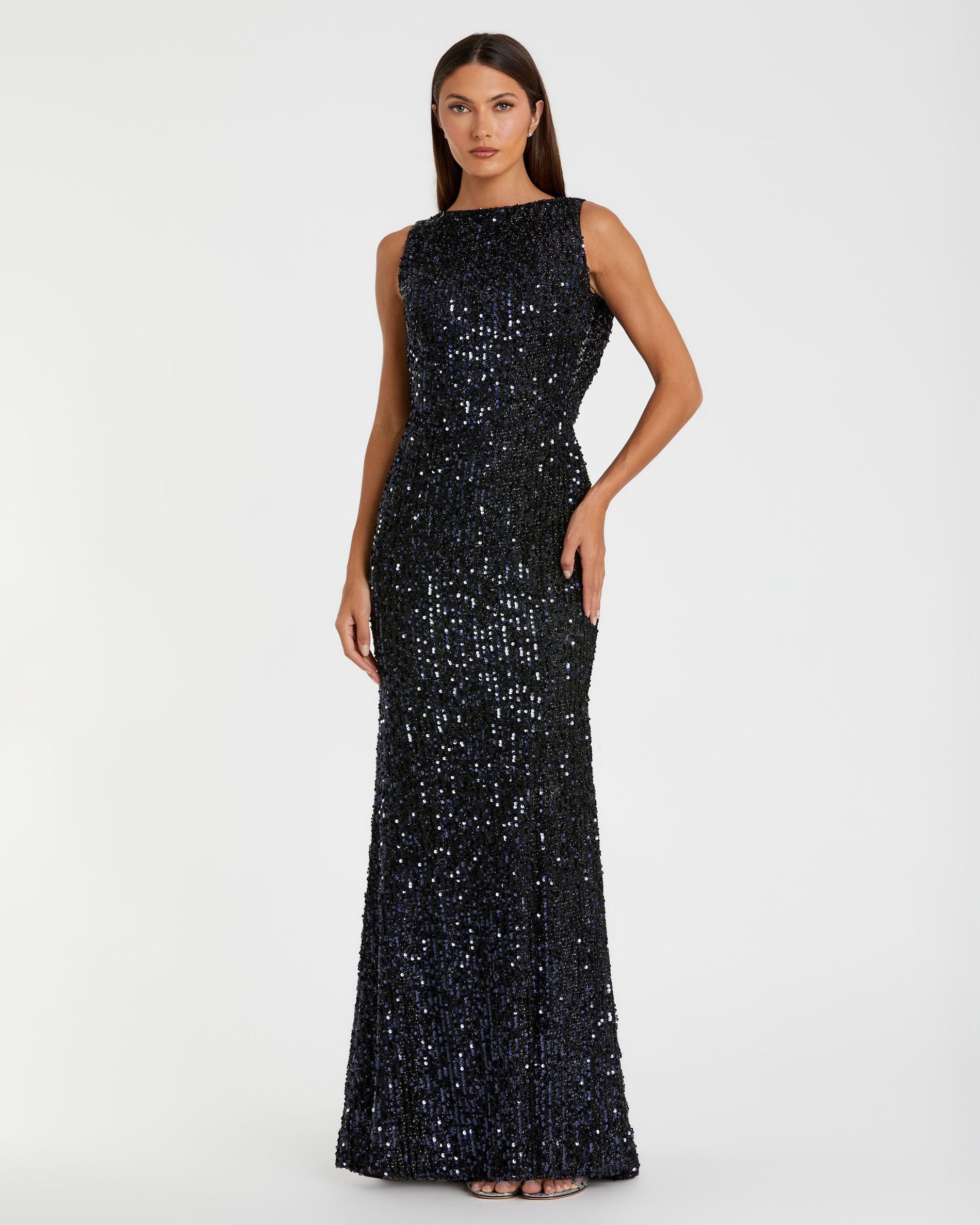 Petite Navy Cowl Back Boat Neck Sequined Evening Gown Ieena for Mac Duggal