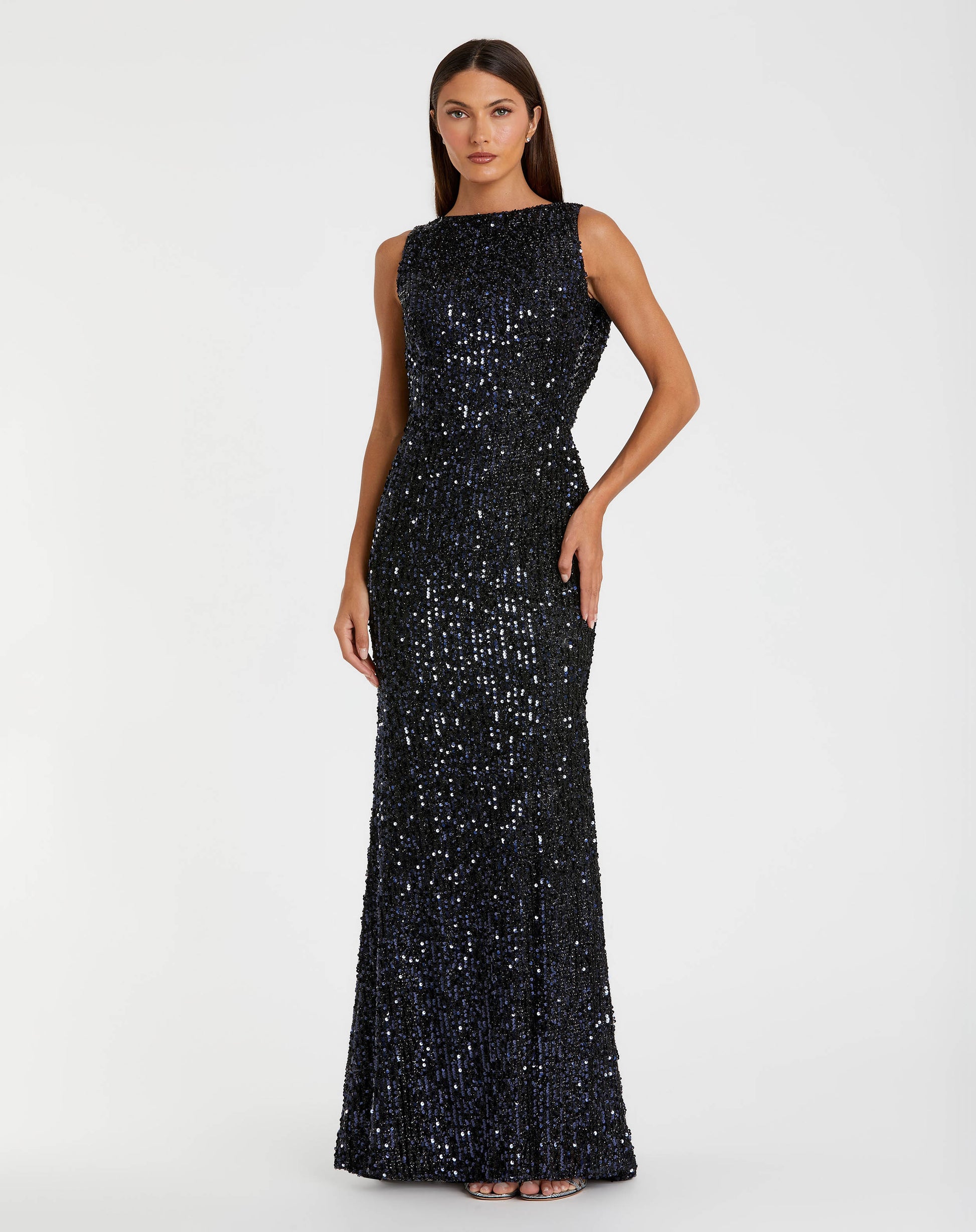 Petite Navy Cowl Back Boat Neck Sequined Evening Gown Ieena for Mac Duggal