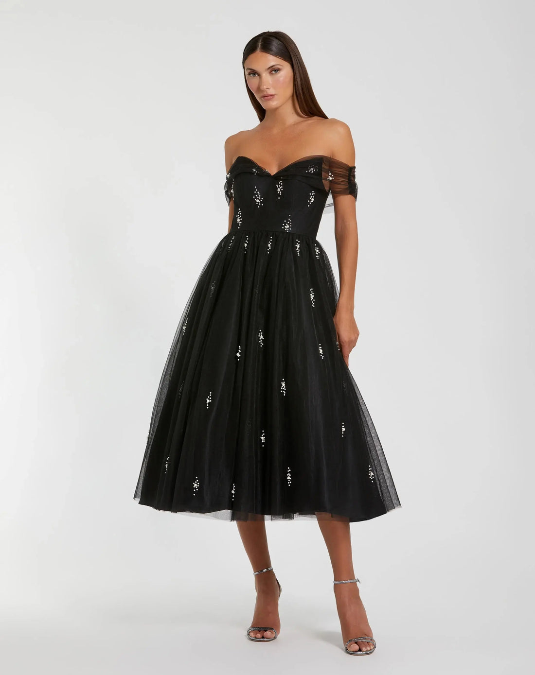 Black Petite Pearl Embellished Off The Shoulder A Line Dress Mac Duggal