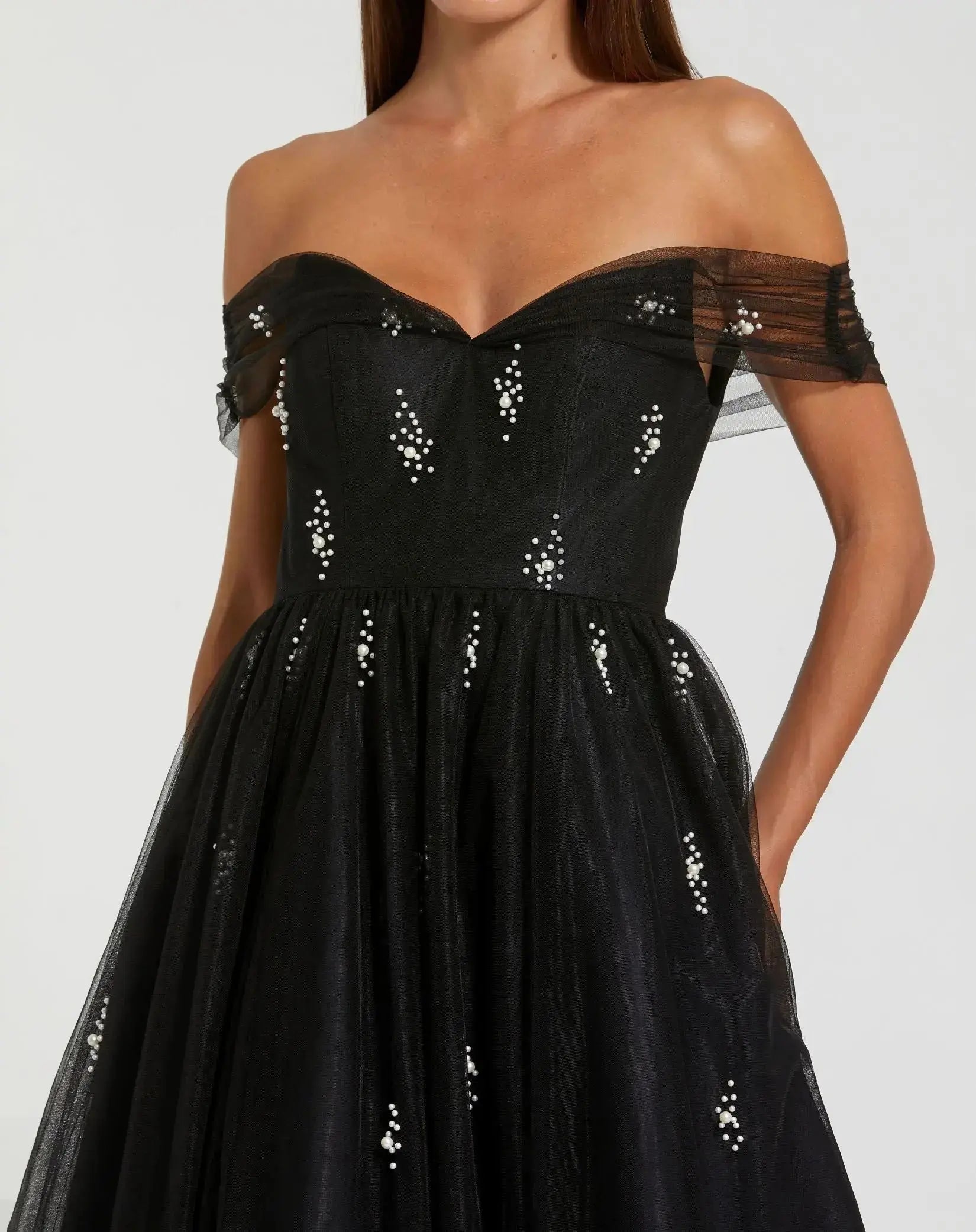 Tulle Off The Shoulder Pearl Embellished Cocktail Dress