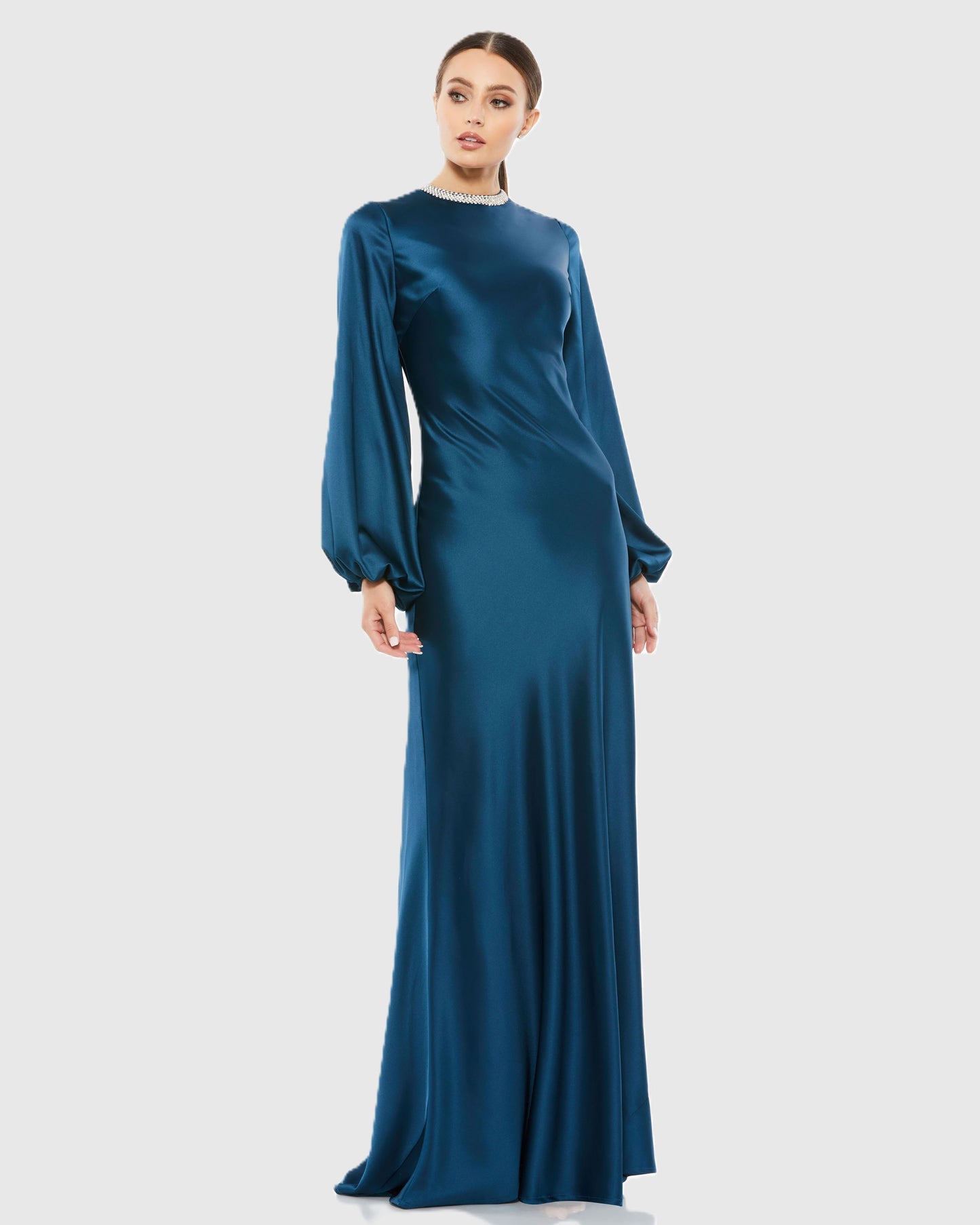 Petite Blue Beaded High Neck Bishop Sleeve Satin Gown Ieena for Mac Duggal