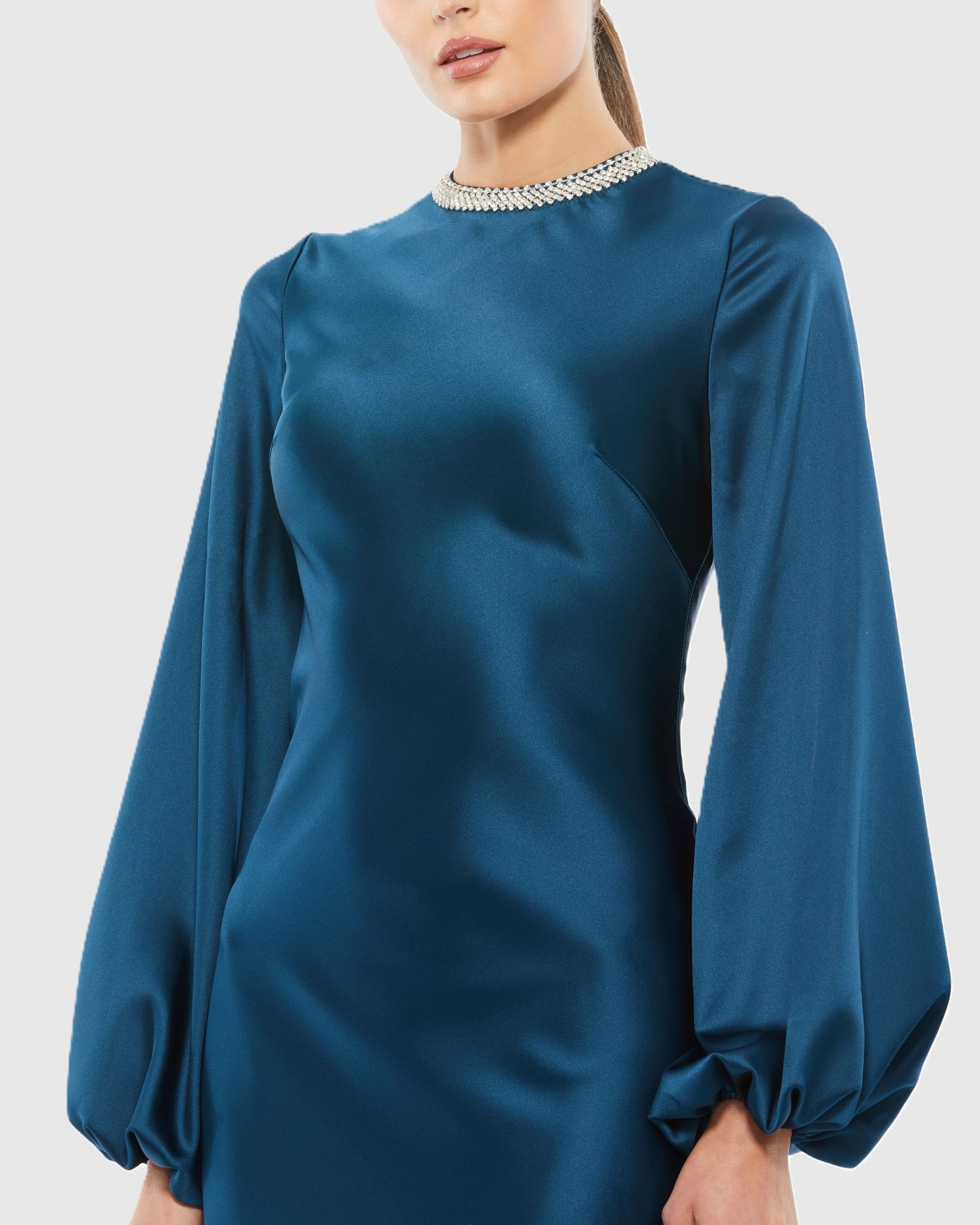 Petite Blue Beaded High Neck Bishop Sleeve Satin Gown Ieena for Mac Duggal
