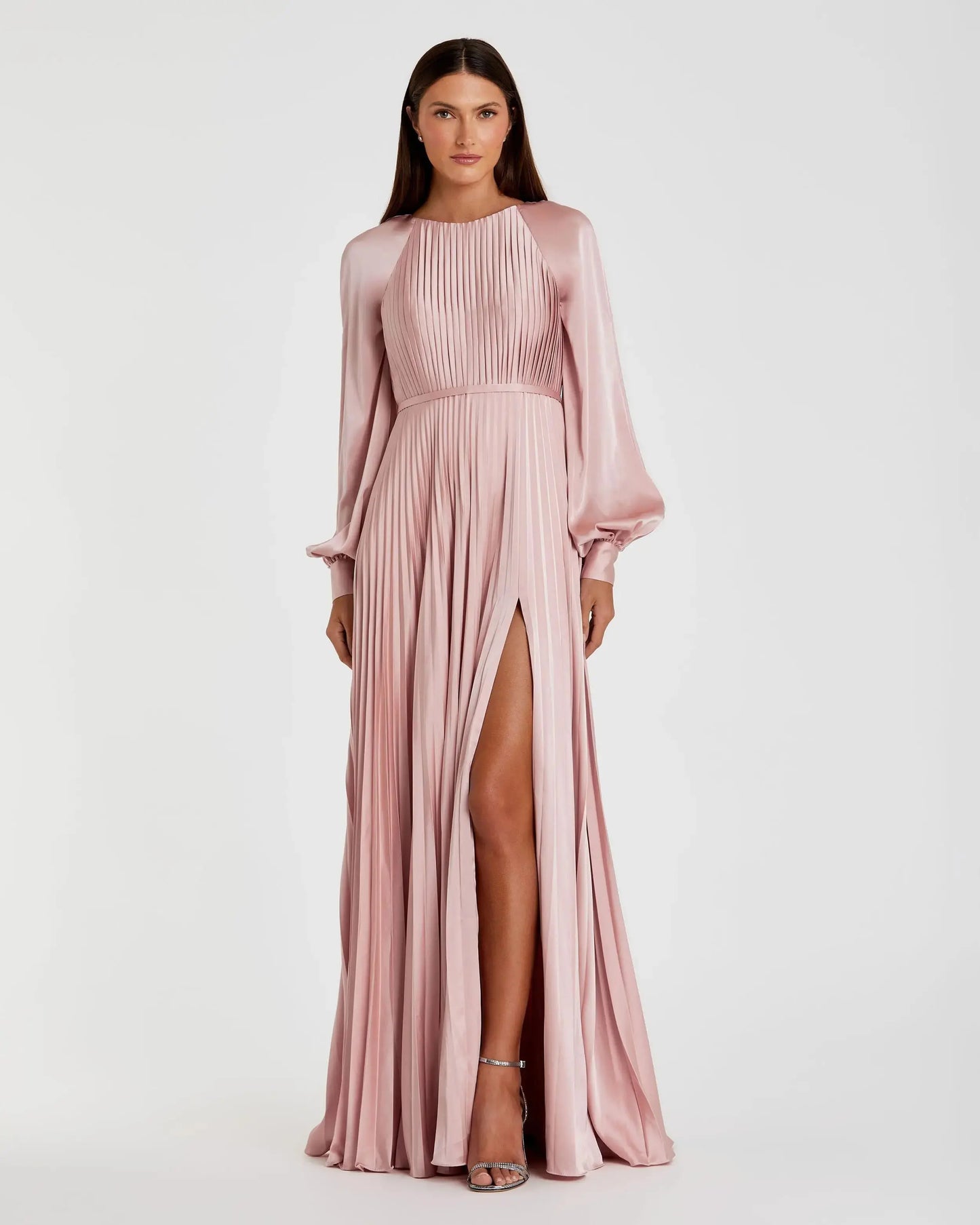 Petite Pink Pleated High Neck Raglan Long Sleeve Side Slit Gown - Ieena for Mac Duggal