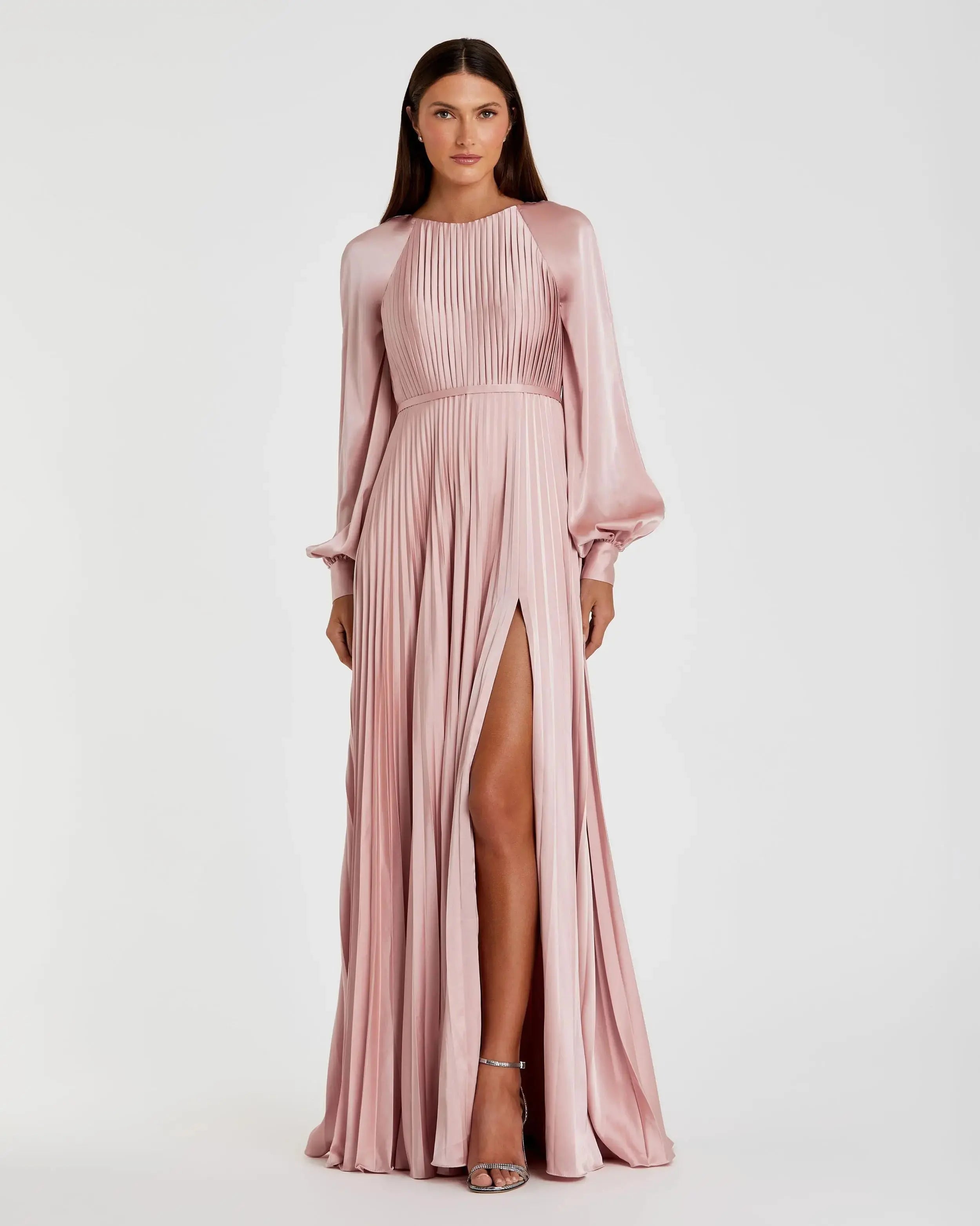 Petite Pink Pleated High Neck Raglan Long Sleeve Side Slit Gown - Ieena for Mac Duggal