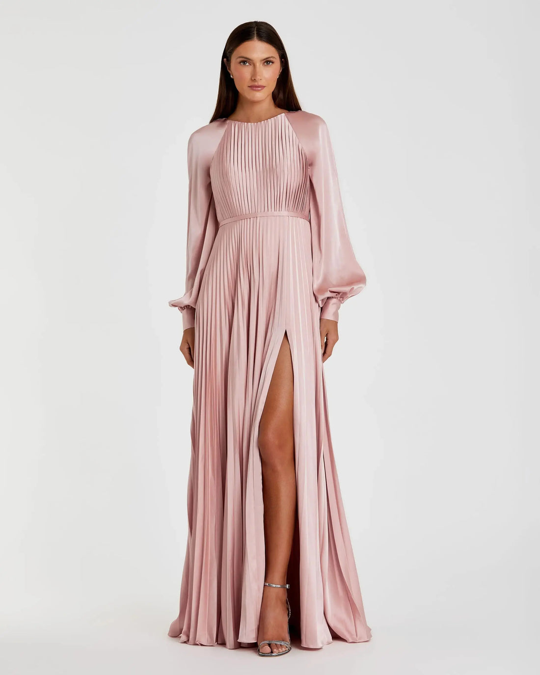 Petite Pink Pleated High Neck Raglan Long Sleeve Side Slit Gown - Ieena for Mac Duggal