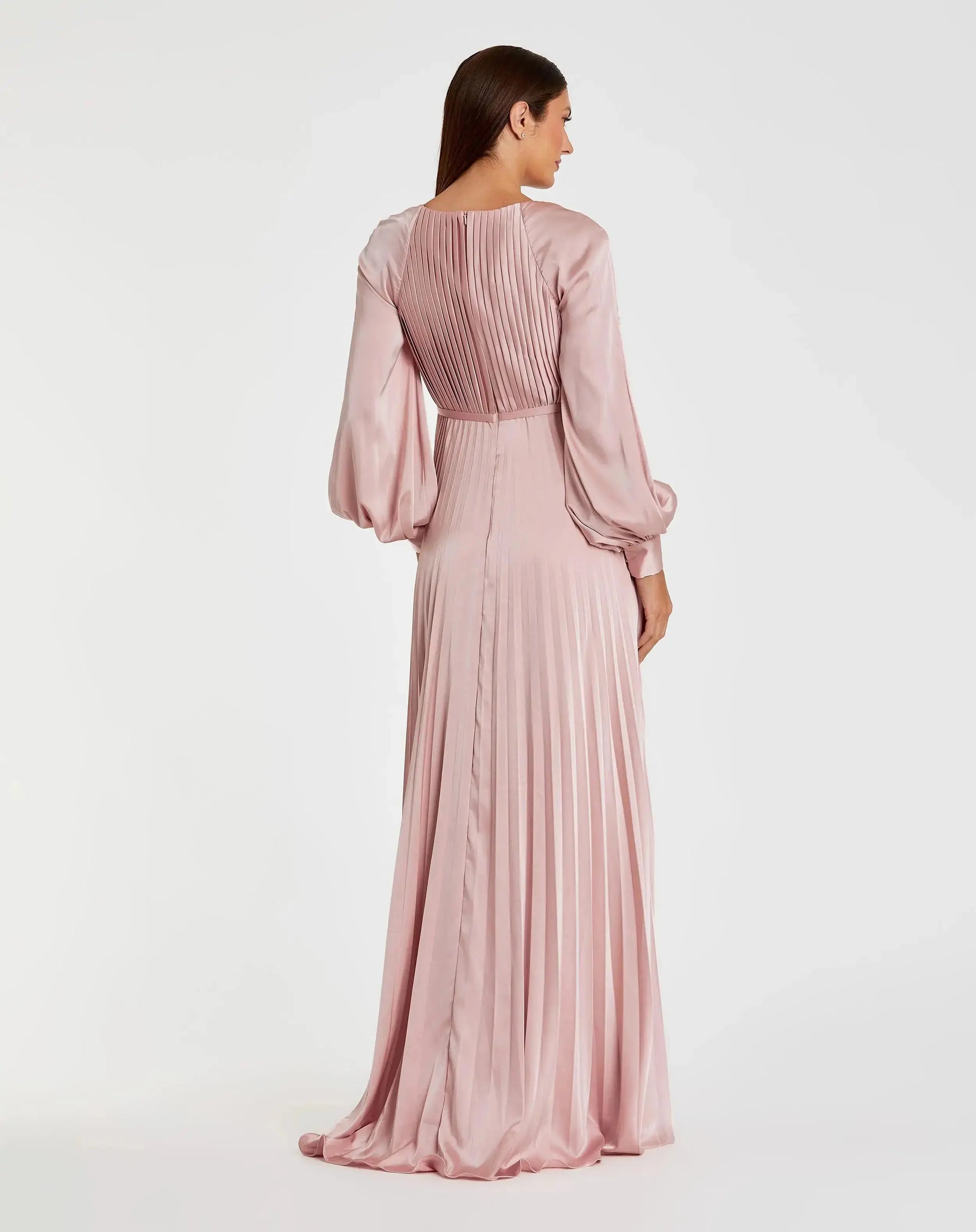 Petite Pink Pleated High Neck Raglan Long Sleeve Side Slit Gown | Mac Duggal Petite Pink Pleated High Neck Raglan Long Sleeve Side Slit Gown | Mac Duggal