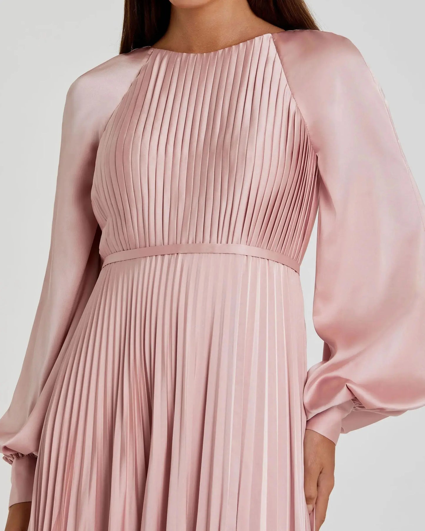 Petite Pink Pleated High Neck Raglan Long Sleeve Side Slit Gown - Ieena for Mac Duggal