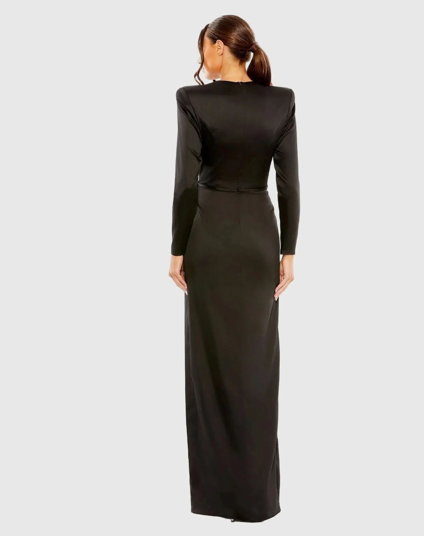 Petite Black Long Sleeve Satin Structured Bow Draped Column Gown - Ieena for Mac Duggal