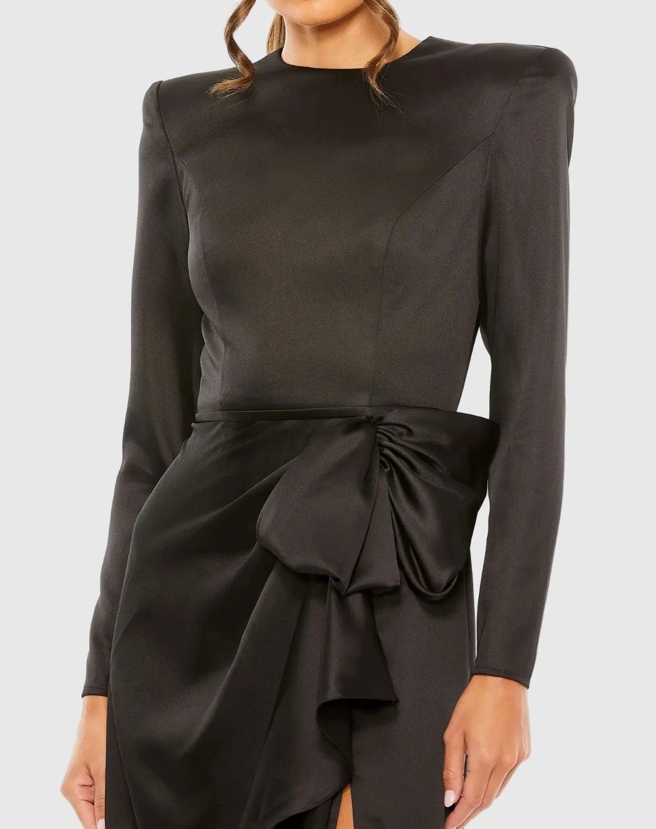 Petite Black Long Sleeve Satin Structured Bow Draped Column Gown - Ieena for Mac Duggal