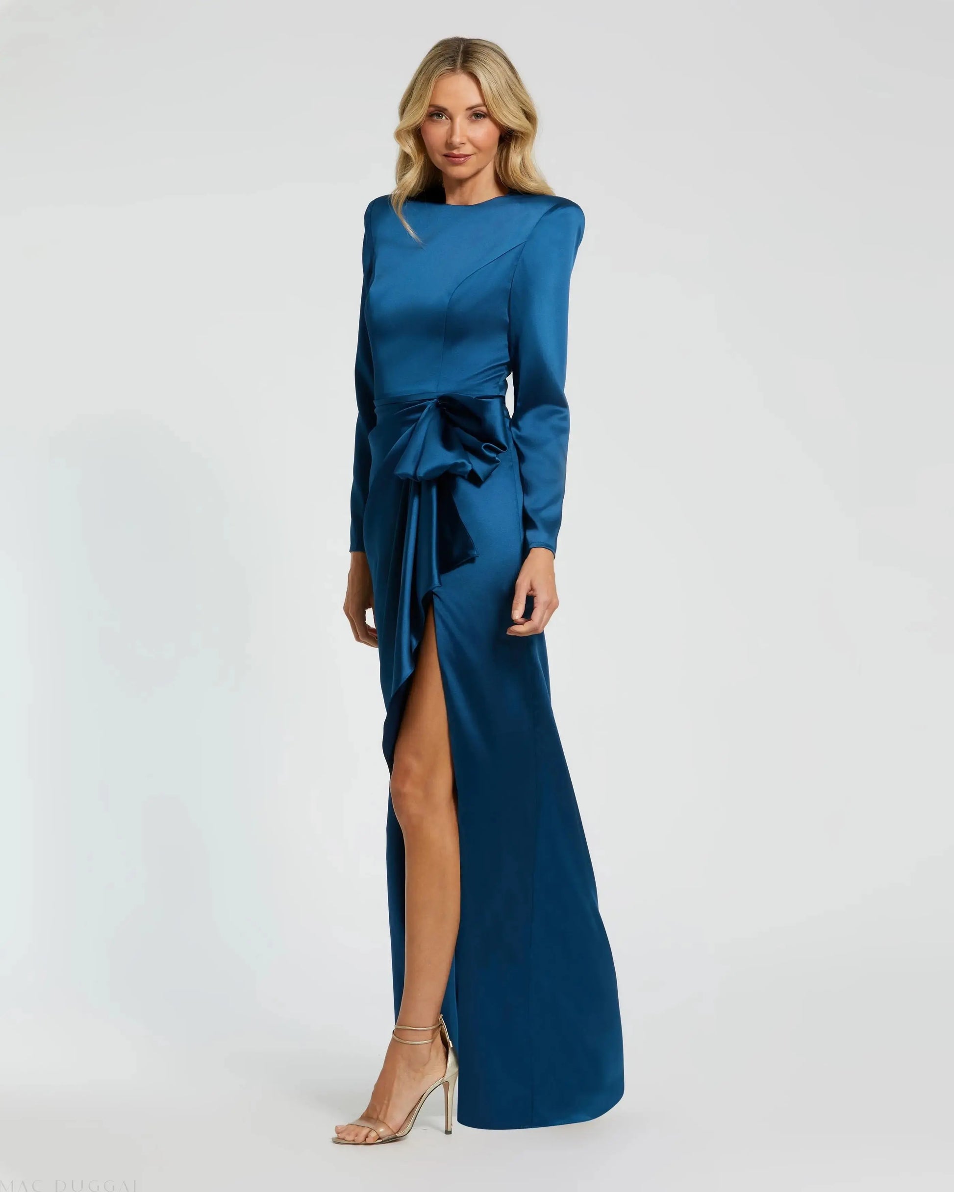 Blue Petite Long Sleeve Structured Bow Draped Gown Mac Duggal