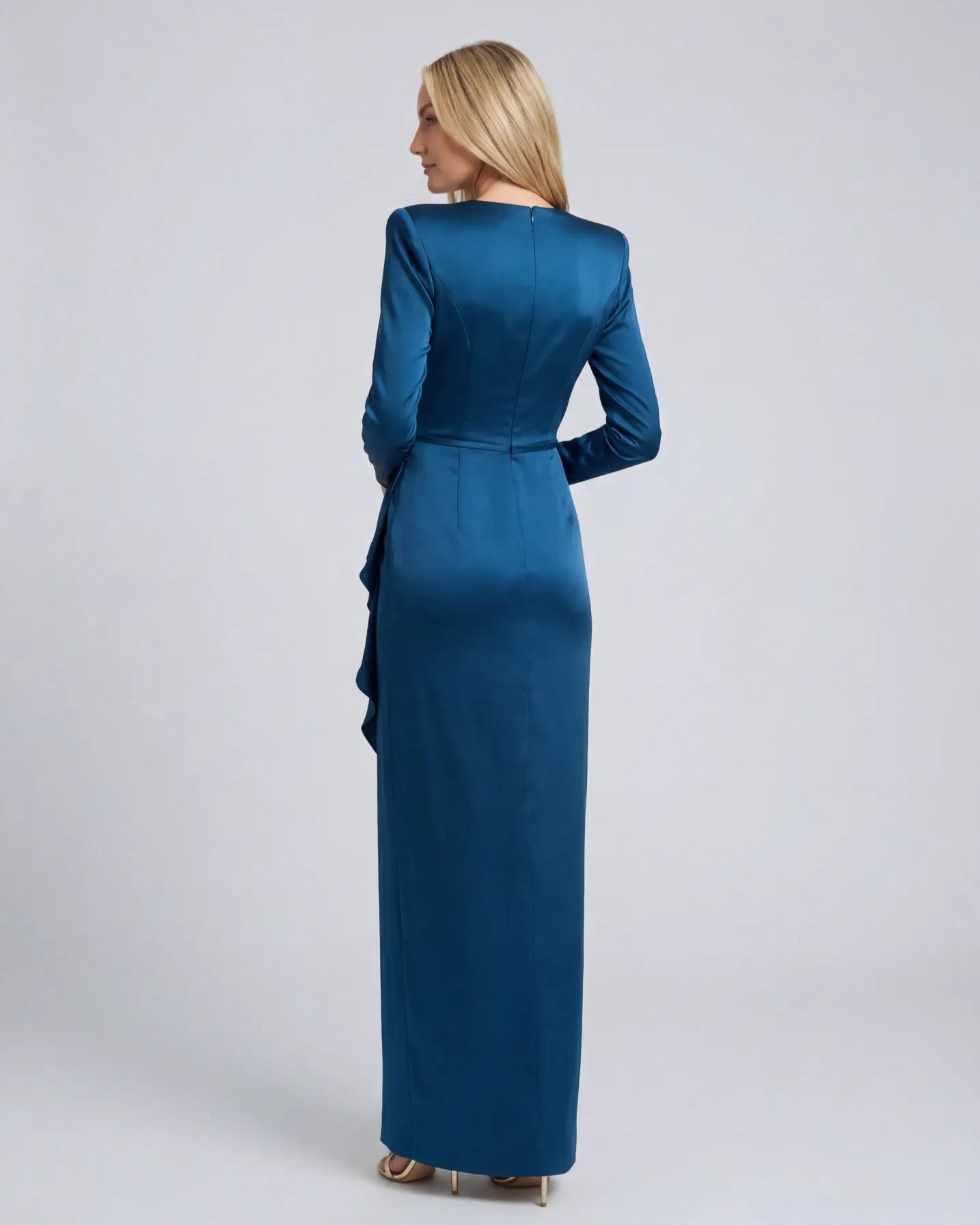 Mac Duggal Petite Long Sleeve Satin Structured Bow Draped Column Gown - Ocean Blue Mac Duggal Petite Long Sleeve Satin Structured Bow Draped Column Gown - Ocean Blue