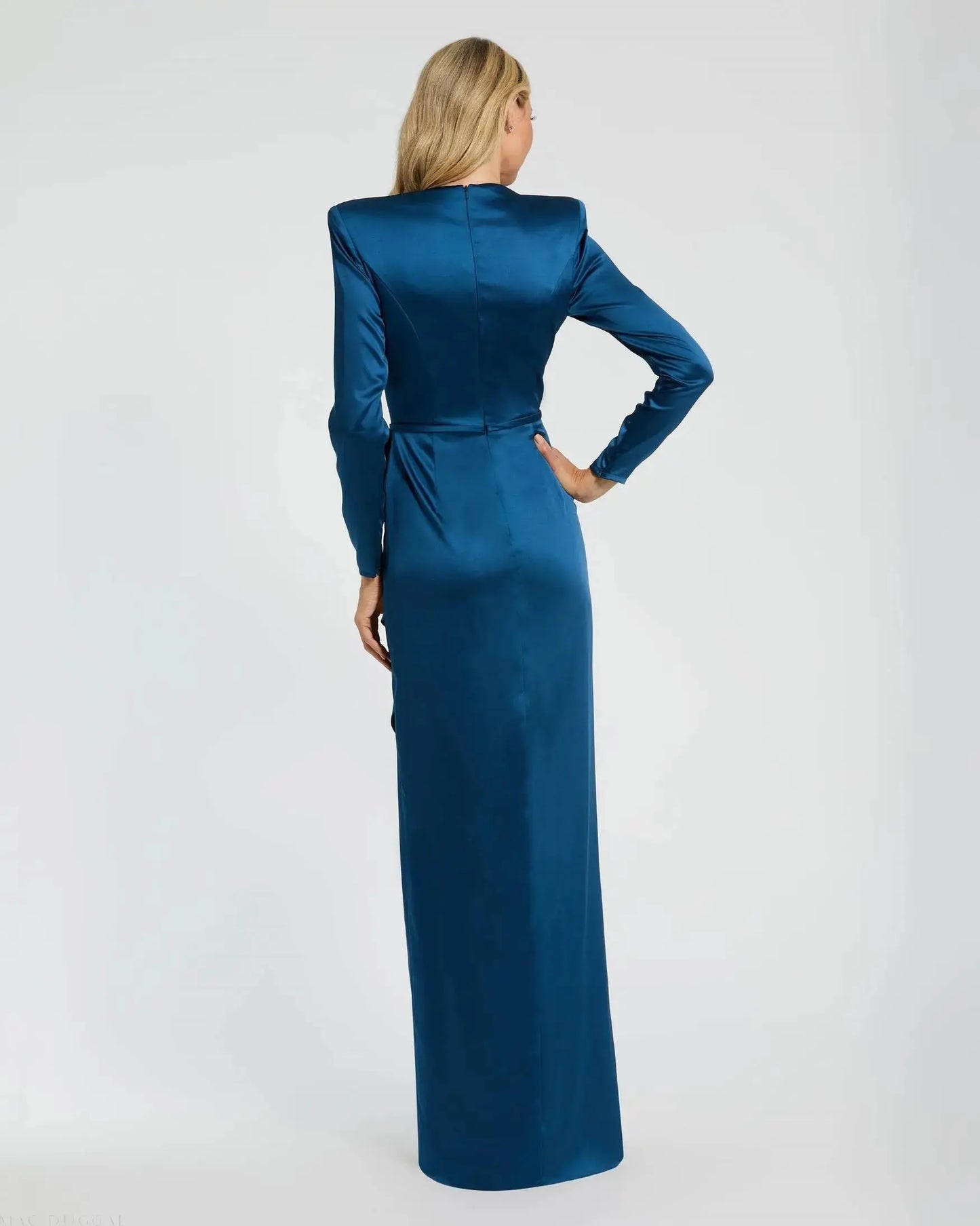 Blue Petite Long Sleeve Structured Bow Draped Gown Mac Duggal