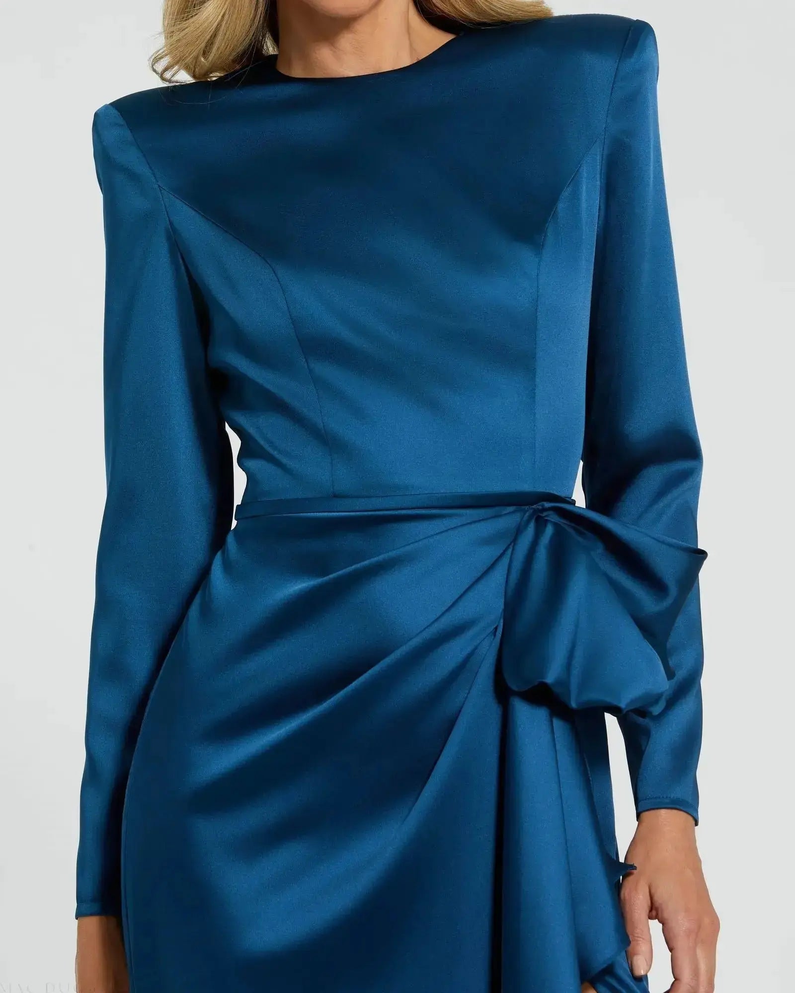 Petite Blue Long Sleeve Satin Structured Bow Draped Column Gown