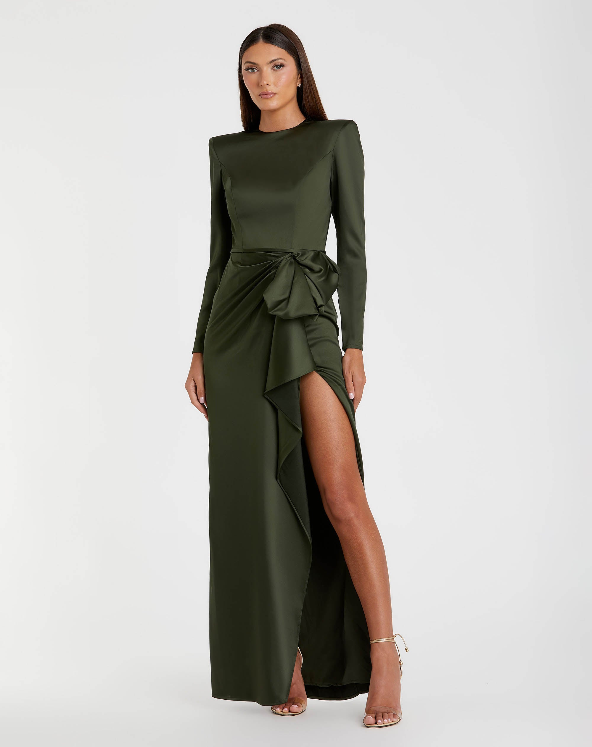 Petite Green Long Sleeve Satin Structured Bow Draped Column Gown Ieena for Mac Duggal