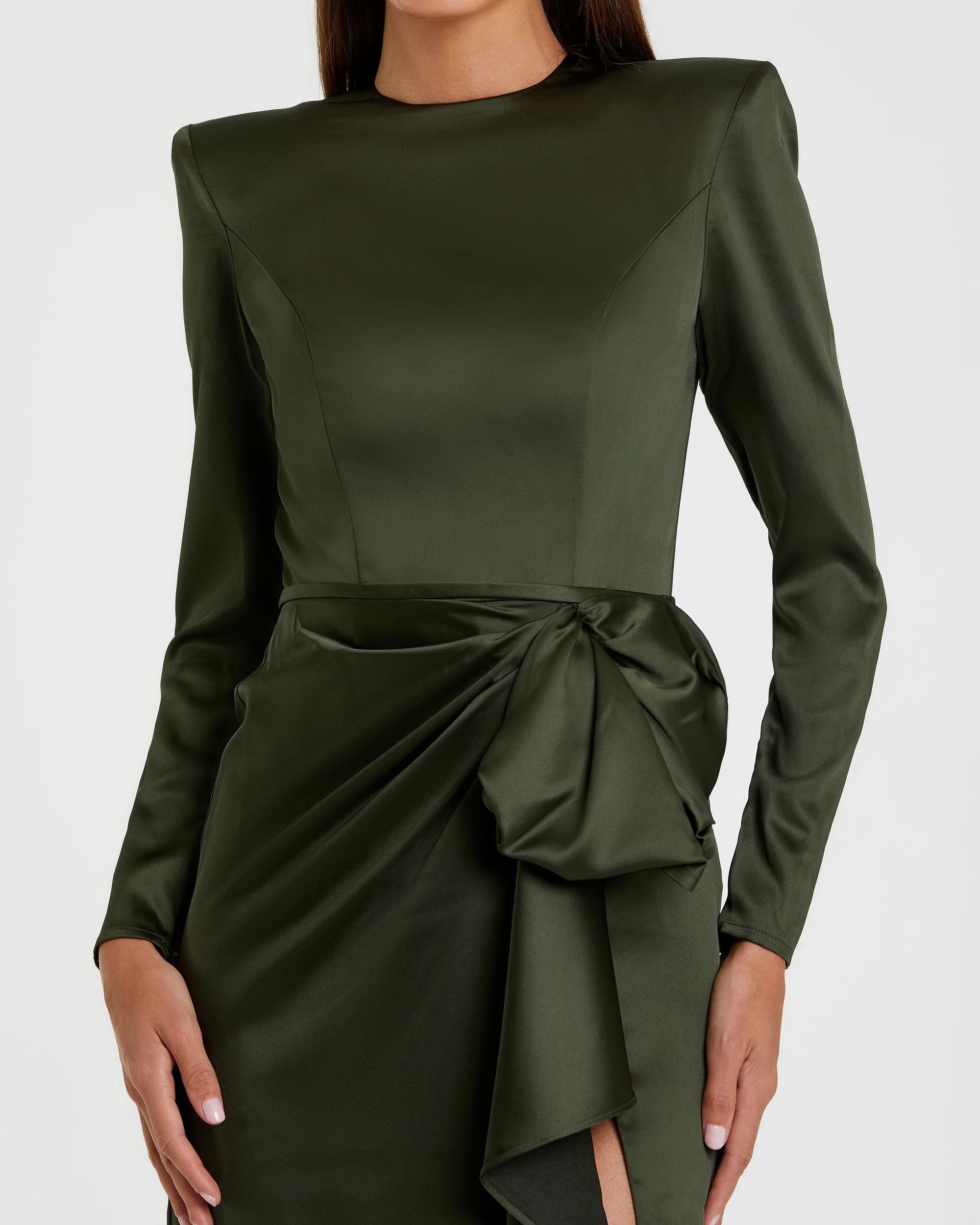 Petite Green Long Sleeve Satin Structured Bow Draped Column Gown Ieena for Mac Duggal