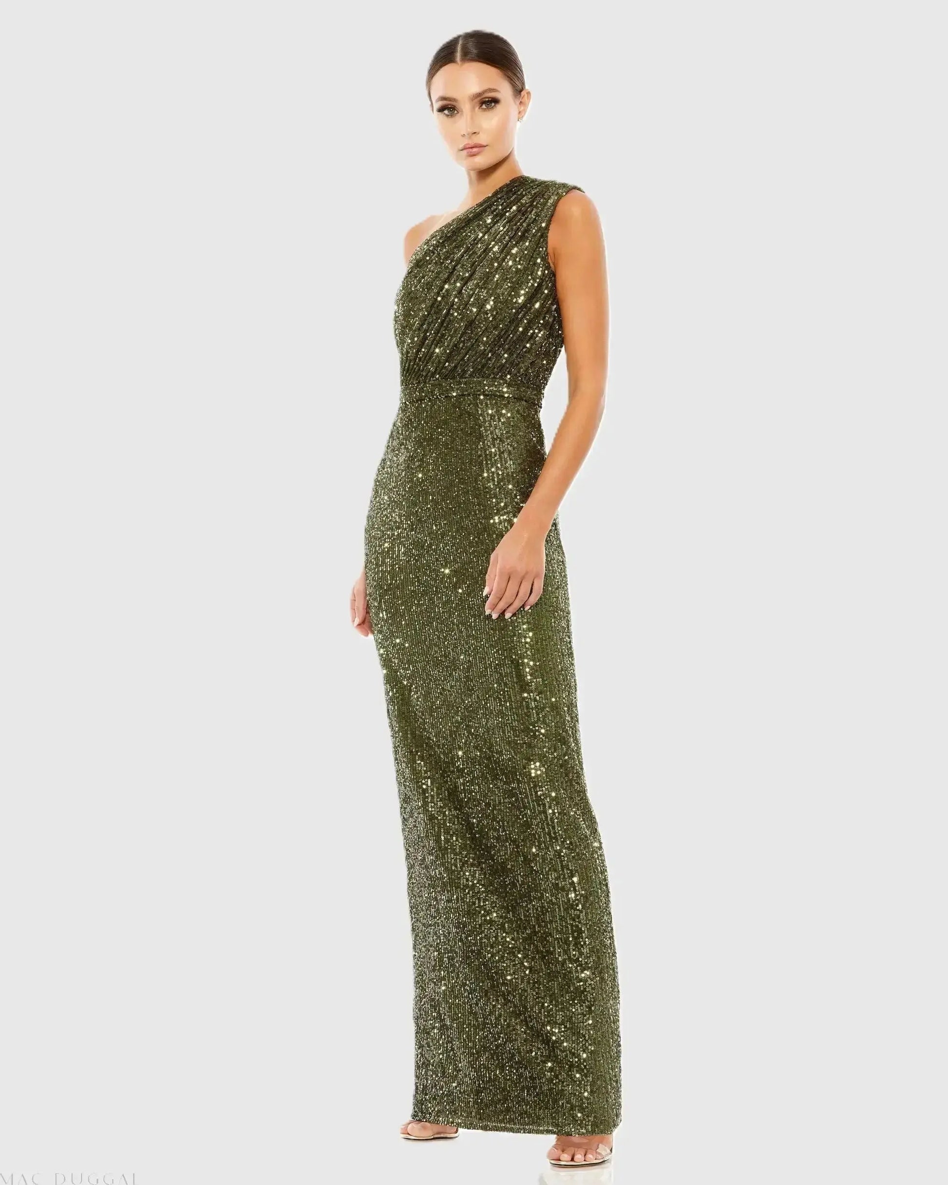 Petite Dark Green Sequined Ruched One Shoulder Gown | Mac Duggal Petite Dark Green Sequined Ruched One Shoulder Gown | Mac Duggal