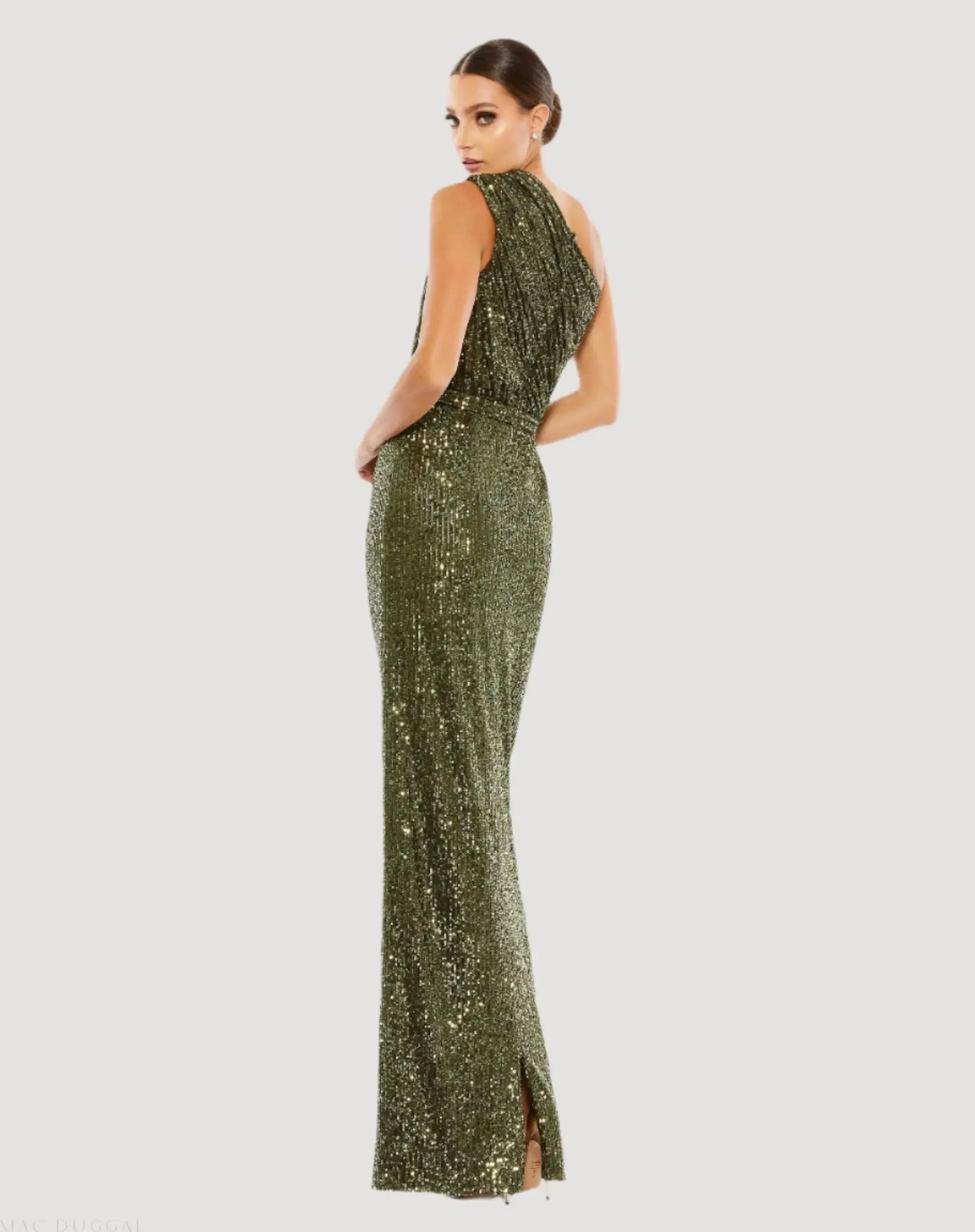 Dark Green Petite Sequined Ruched One Shoulder Gown Mac Duggal