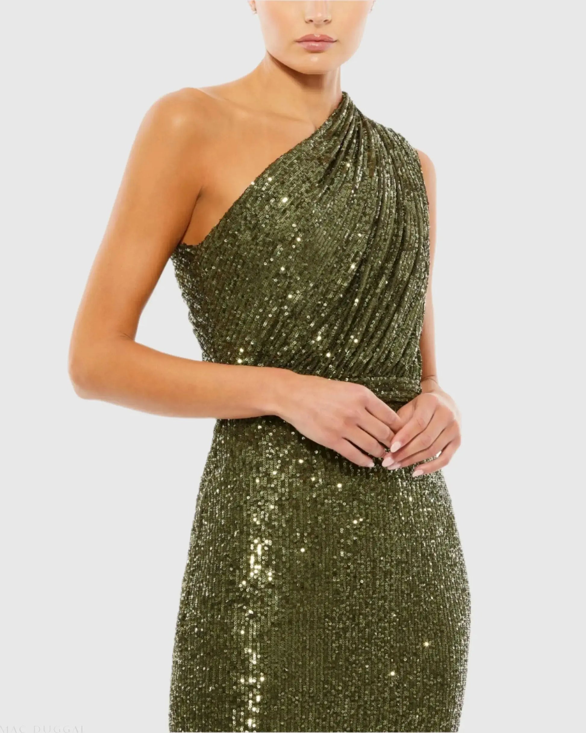 Dark Green Petite Sequined Ruched One Shoulder Gown Mac Duggal