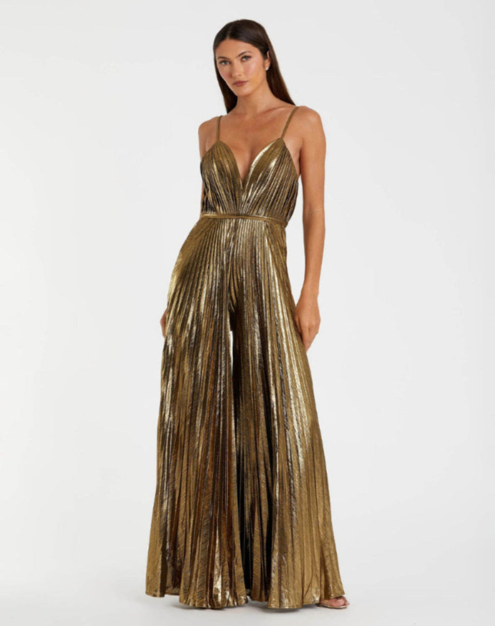 Petite Gold Metallic Pleated V-Neck Jumpsuit