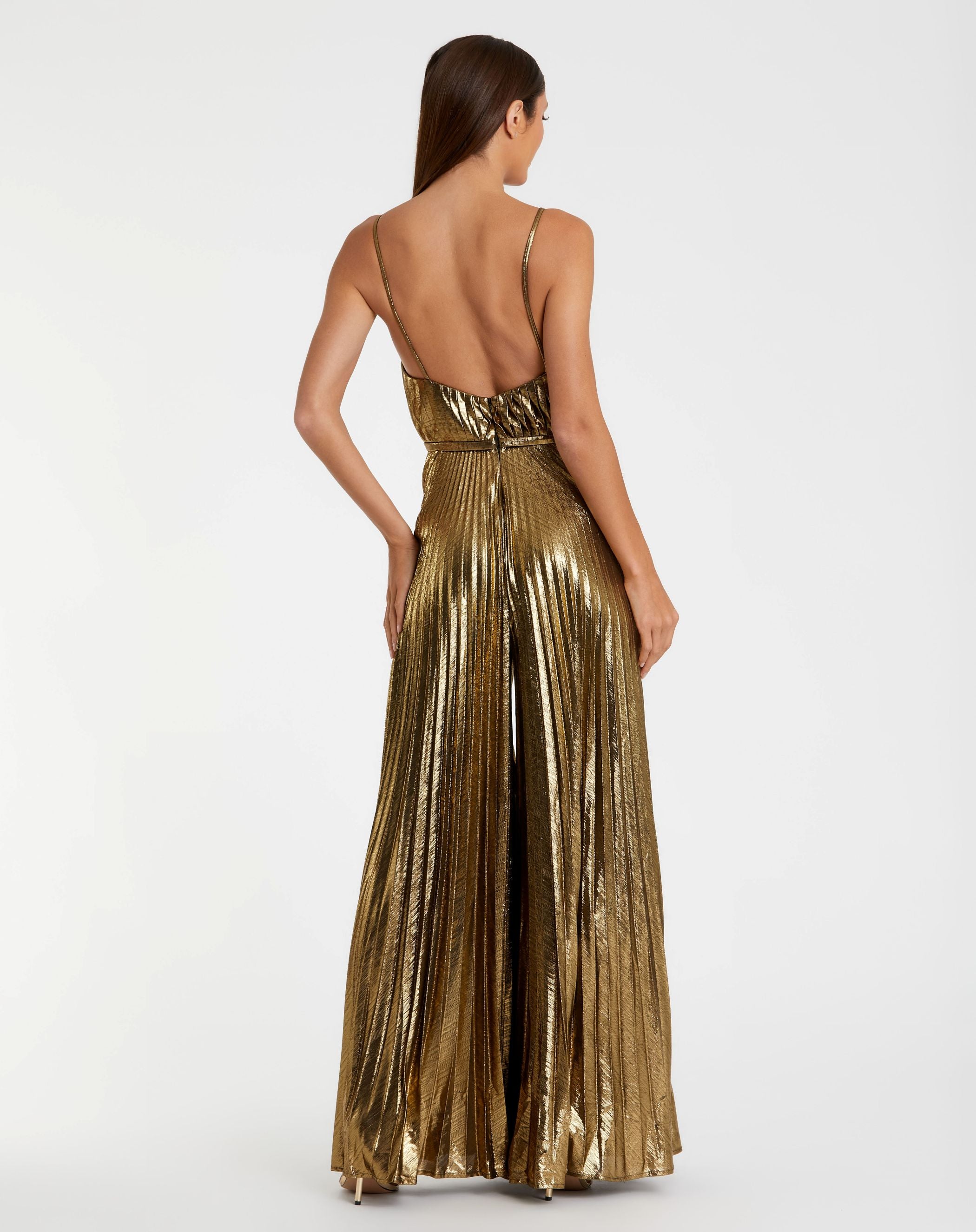 Petite Gold Metallic Pleated V-Neck Jumpsuit - Ieena for Mac Duggal